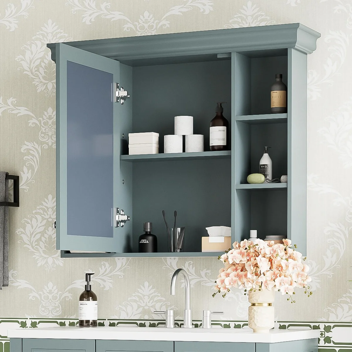 Modern Wall Mounted Bathroom Medicine Cabinet with Mirror Door & 6 Open Shelves