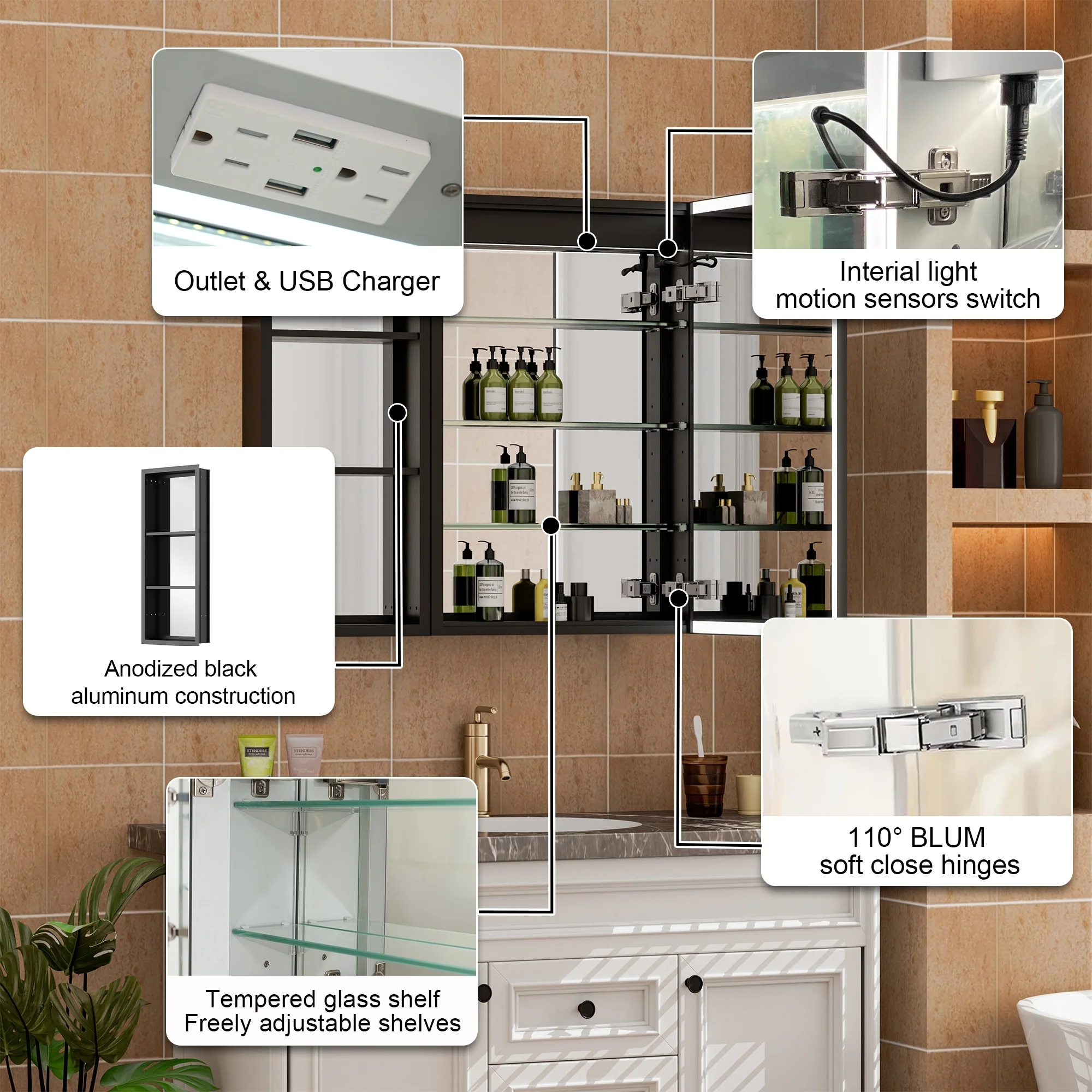 30 in. H Recessed or Surface Wall Mounted LED Mirror Cabinet With Black Side Cabinet