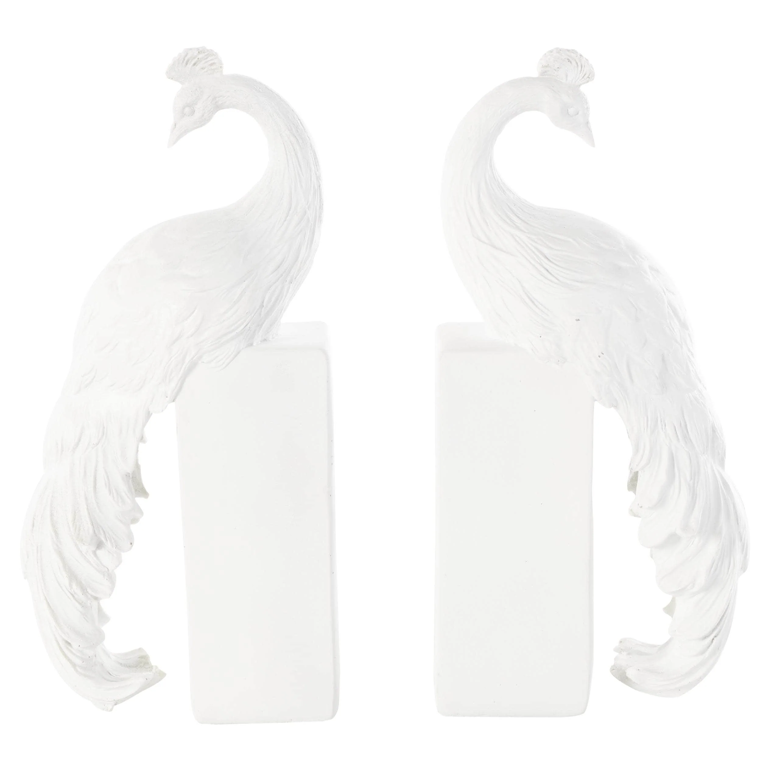 Resin Peacock Textured Decorative Bookends with Tall Block Bases - Set of 2 White - Roche River Decor