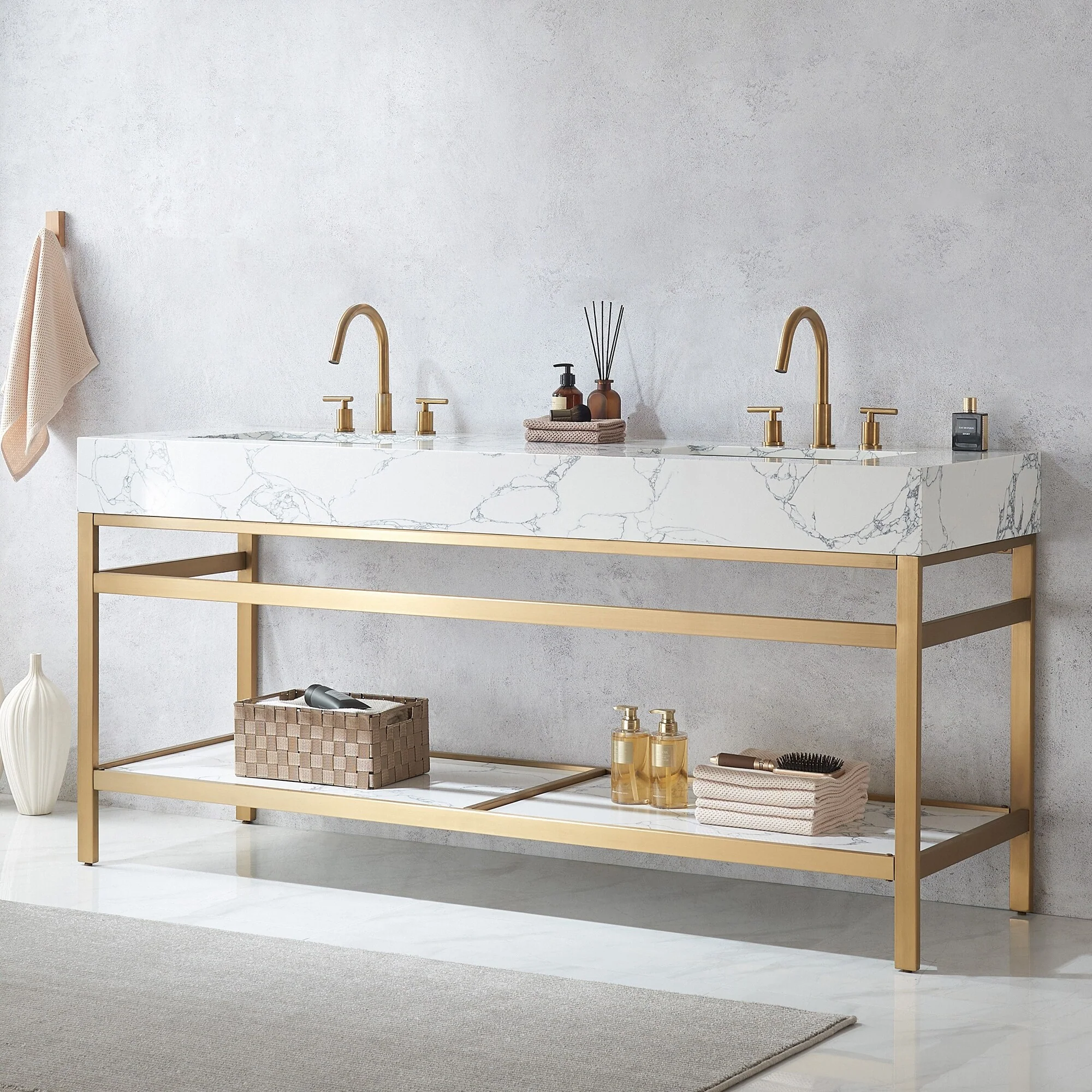 Ecija Bath Vanity, Metal Support with Composite Stone Top, no Mirror