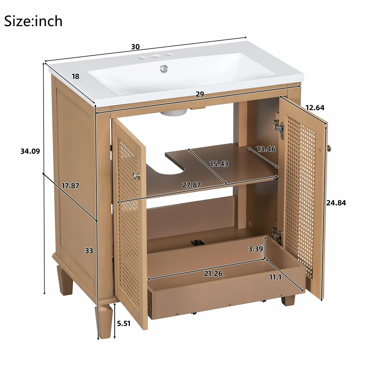 30-Inch Freestanding Bathroom Vanity Set with Resin Sink - Hidden Drawer and Storage Cabinet