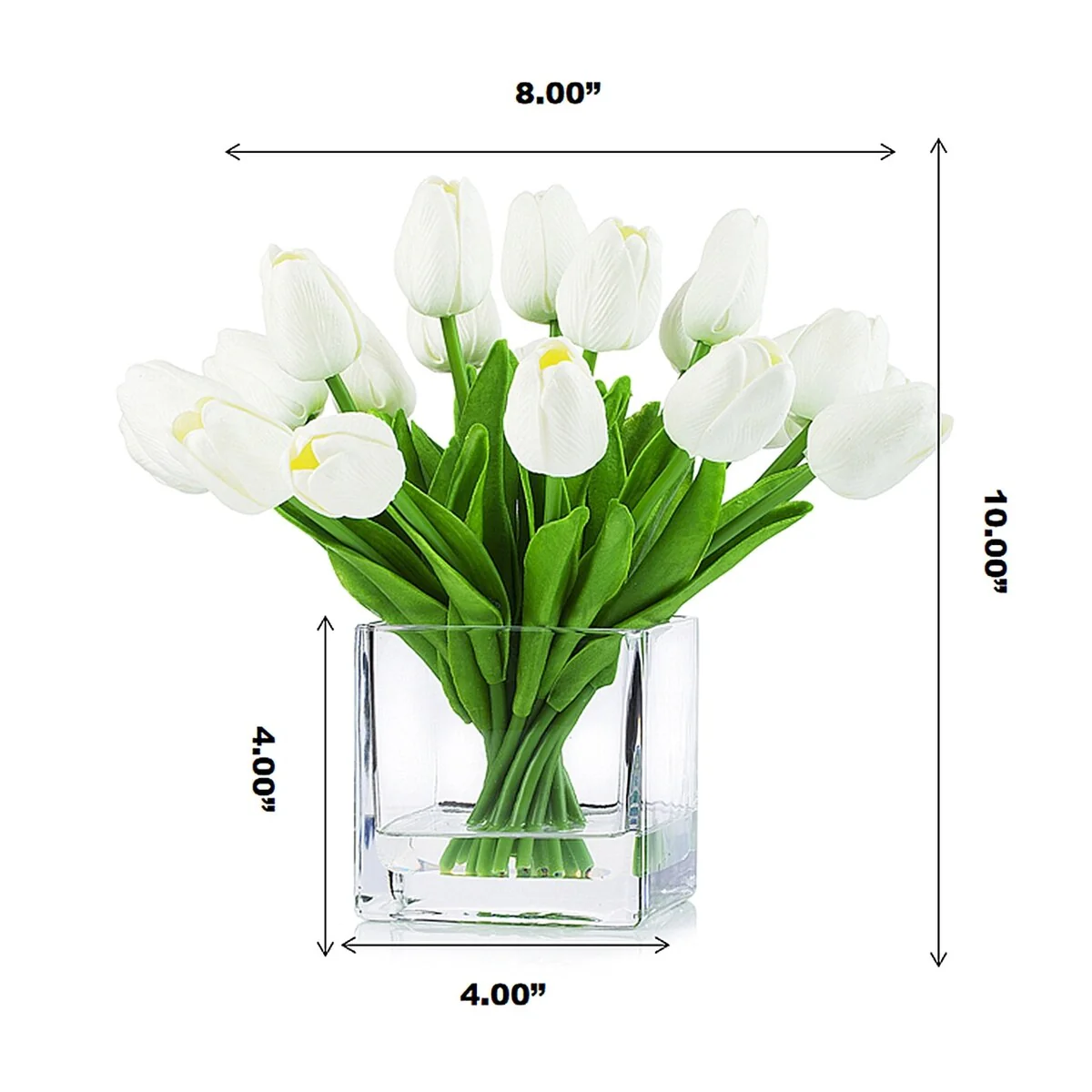 Enova Home 20 Pieces Artificial Real Touch Tulips Fake Silk Flowers Arrangement in Cube Glass Vase with Faux Water