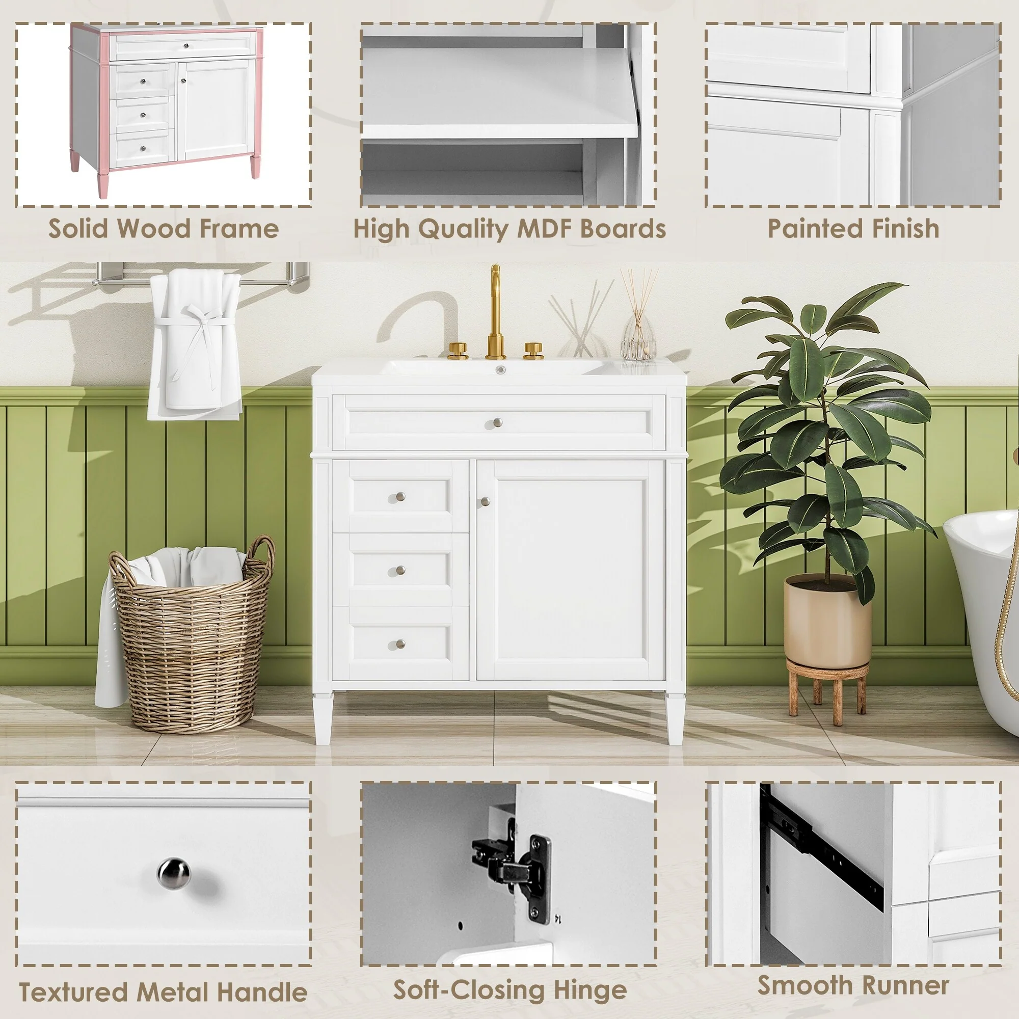 Bathroom Vanity with Single Sink, Bathroom Vanities with 2 Drawers, Bathroom Storage Cabinet with 1 Tip-Out Drawer and 1 Door