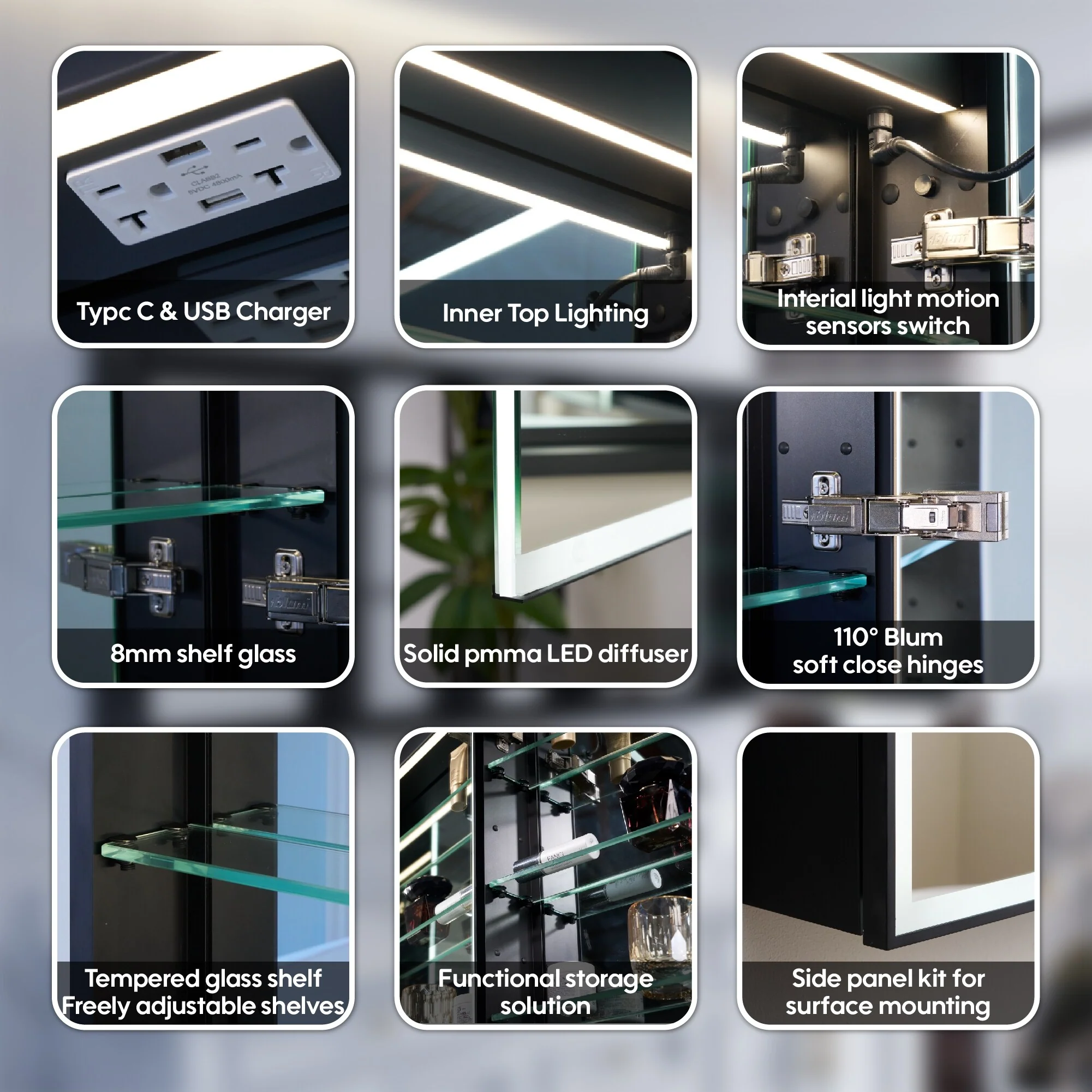 30 in. H Recessed or Surface Wall Mounted LED Mirror Cabinet With Black Side Cabinet