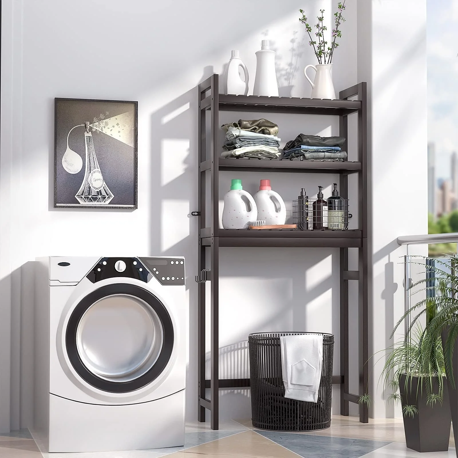 Over The Toilet Storage Shelf, Bamboo 3-Tier Above Toilet Storage Rack with 3 Hooks