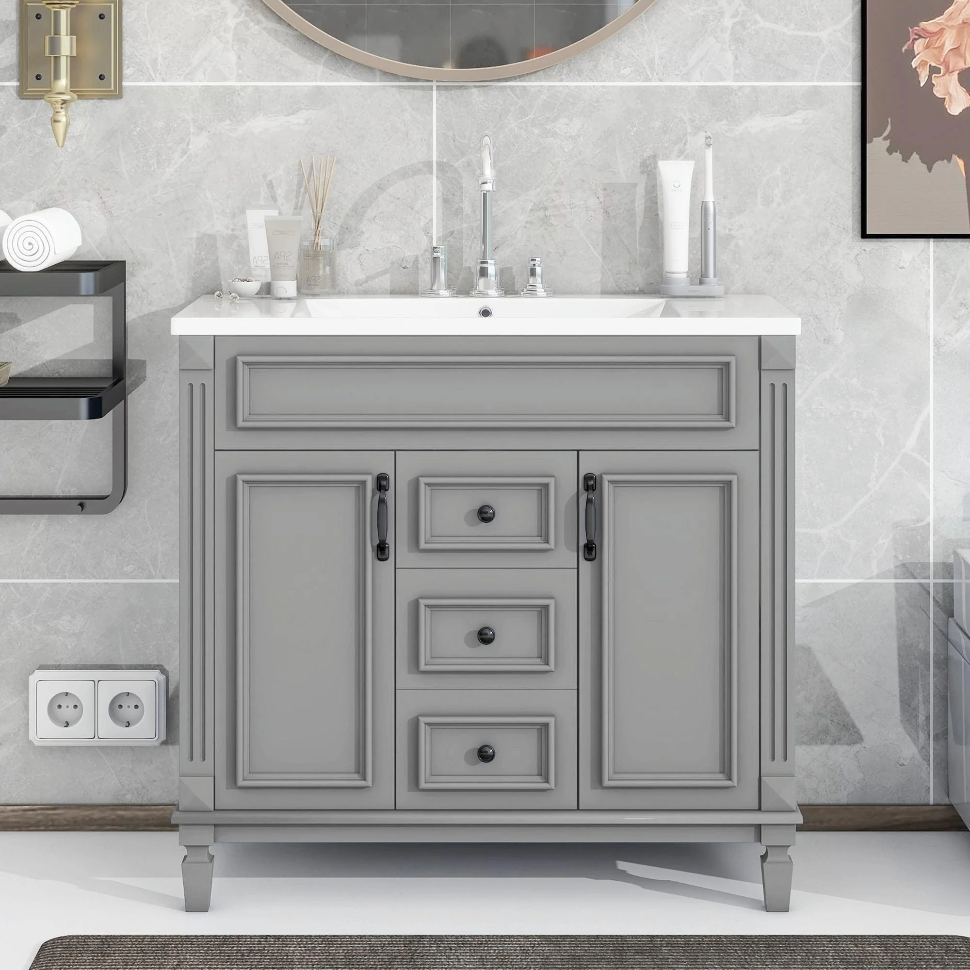 36'' Modern Bathroom Vanity with Top Sink, Soft-Closing Doors, and Drawers