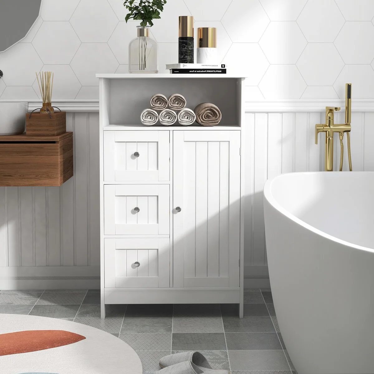 Nestfair White Bathroom Standing Storage Cabinet with 3 Drawers and 1 Door - N/A
