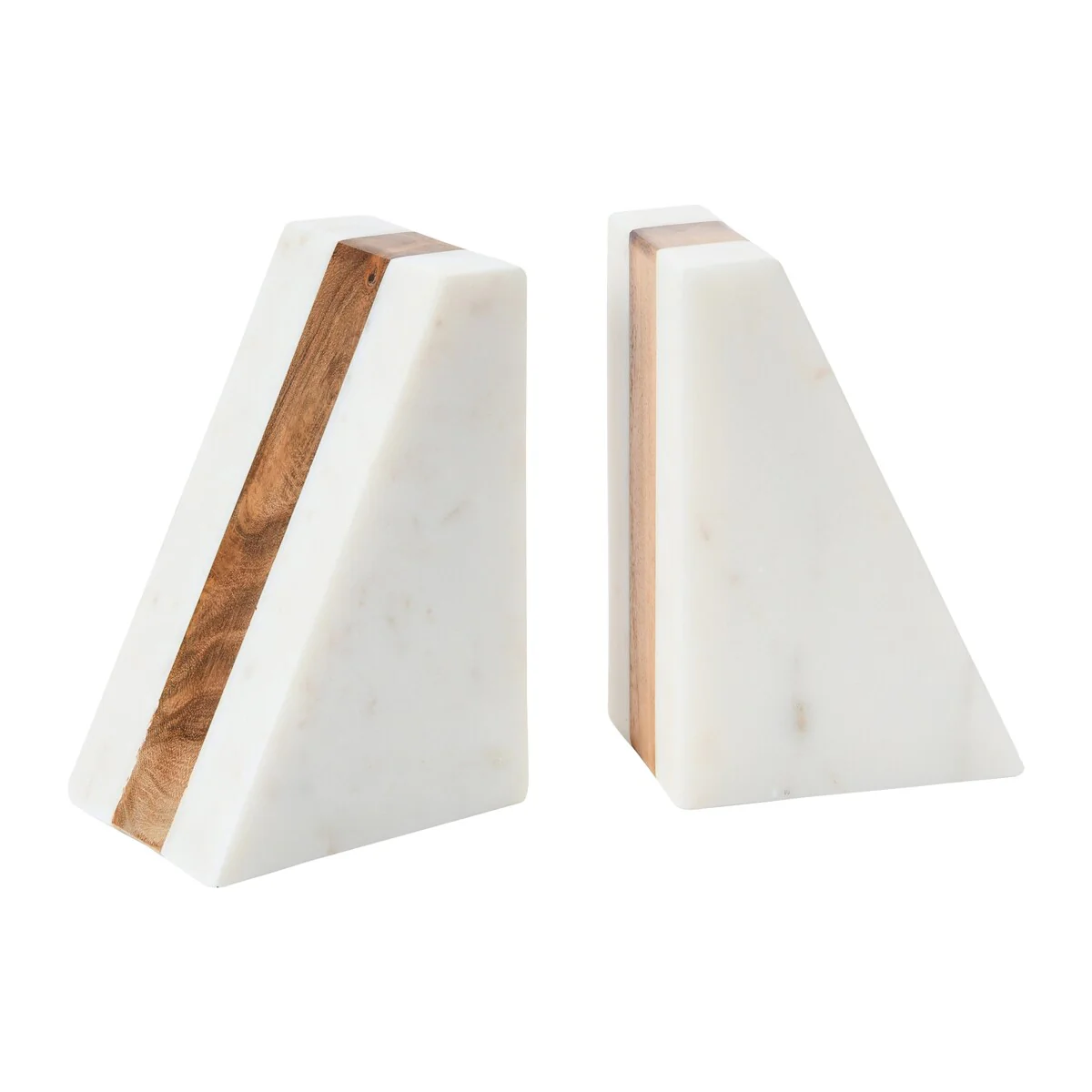 Marble Geometric Bookends with Wood Inlay - 8.0