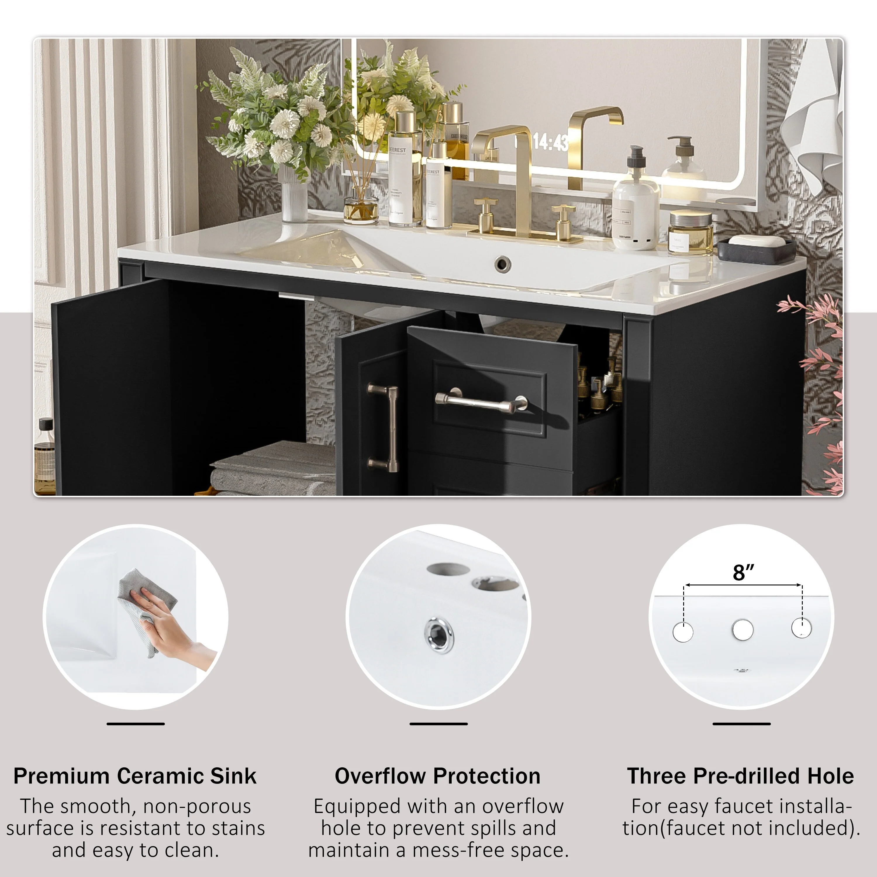 Bathroom Vanity with Resin Sink, Bathroom Vanity Set with 4 Drawers, Bathroom Storage Cabinet with 2 Soft Close Doors