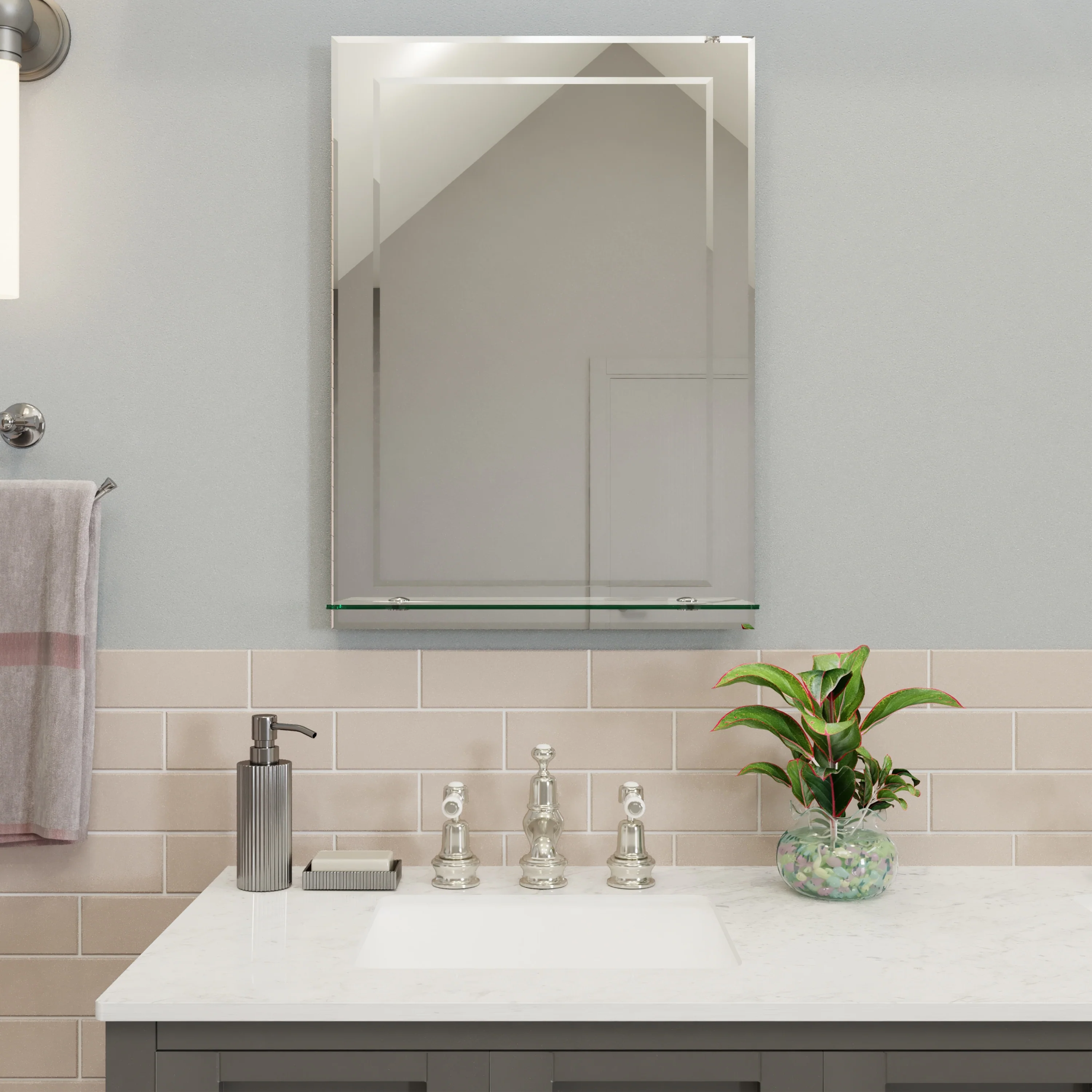 Croydex Devoke Elegant Rectangular Bathroom Vanity Mirror with Shelf, Easy Install