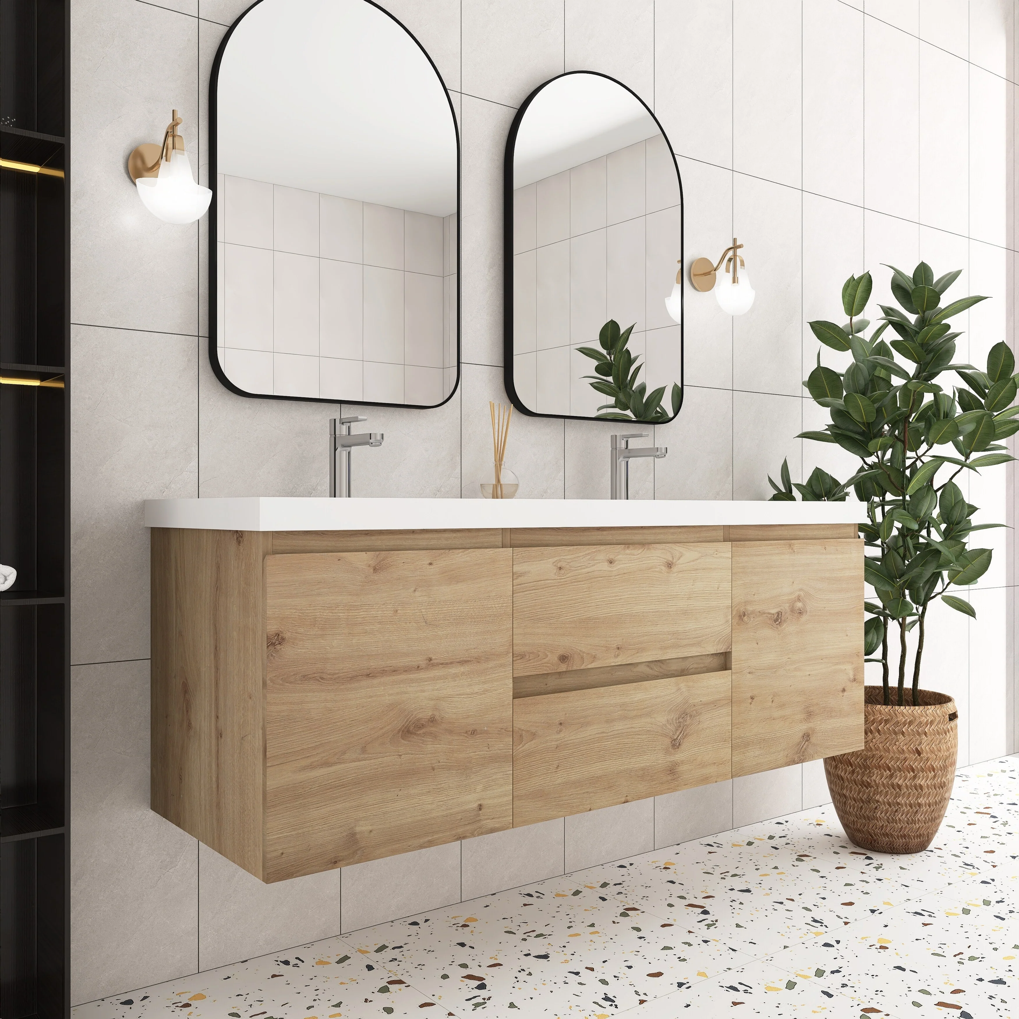 Angela Wall Mounted Bathroom Vanity in F. Oak with White Cultured Marble Top