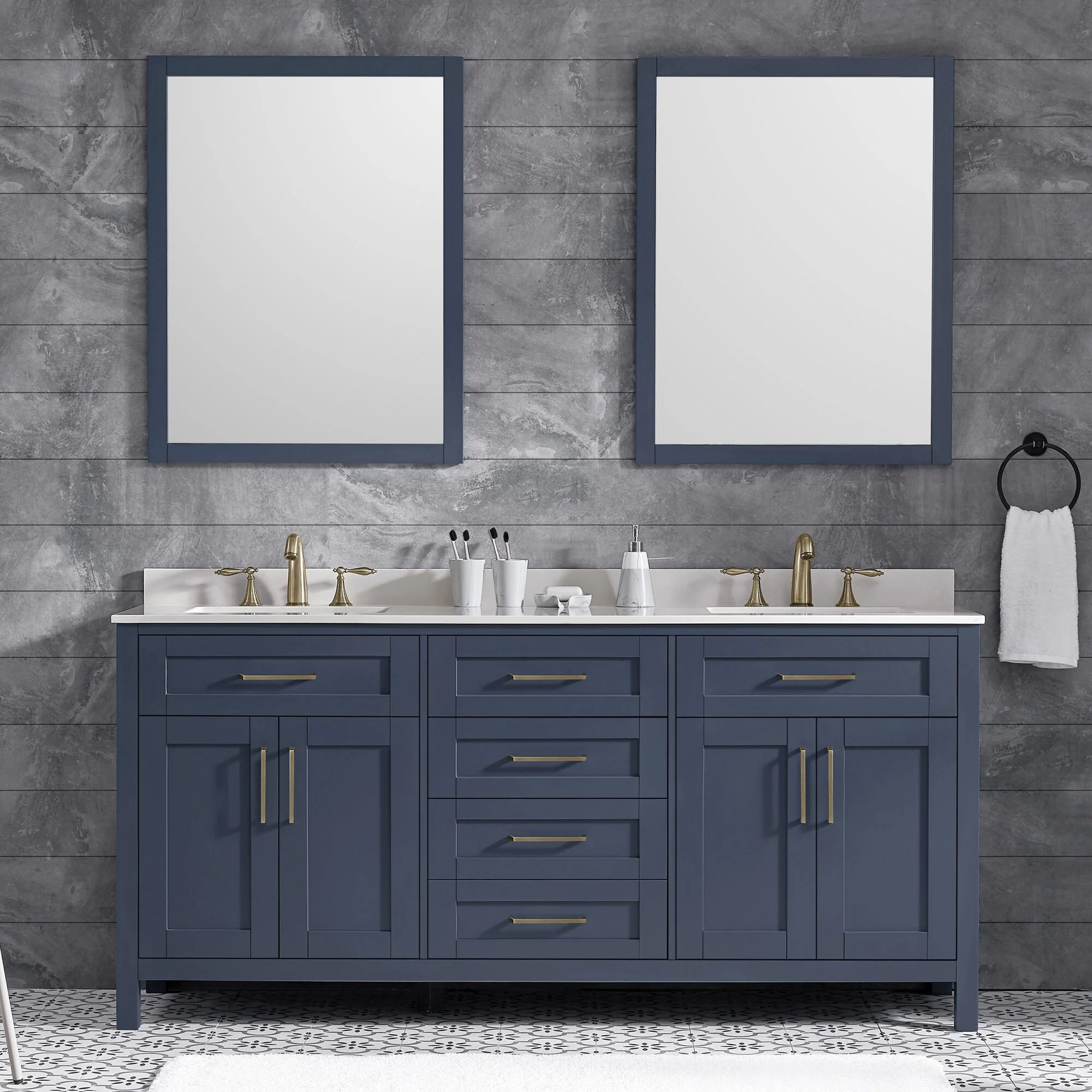 OVE Decors Tahoe 72 in Midnight Blue Double Sink Vanity with White Cultured Marble Top and Mirrors
