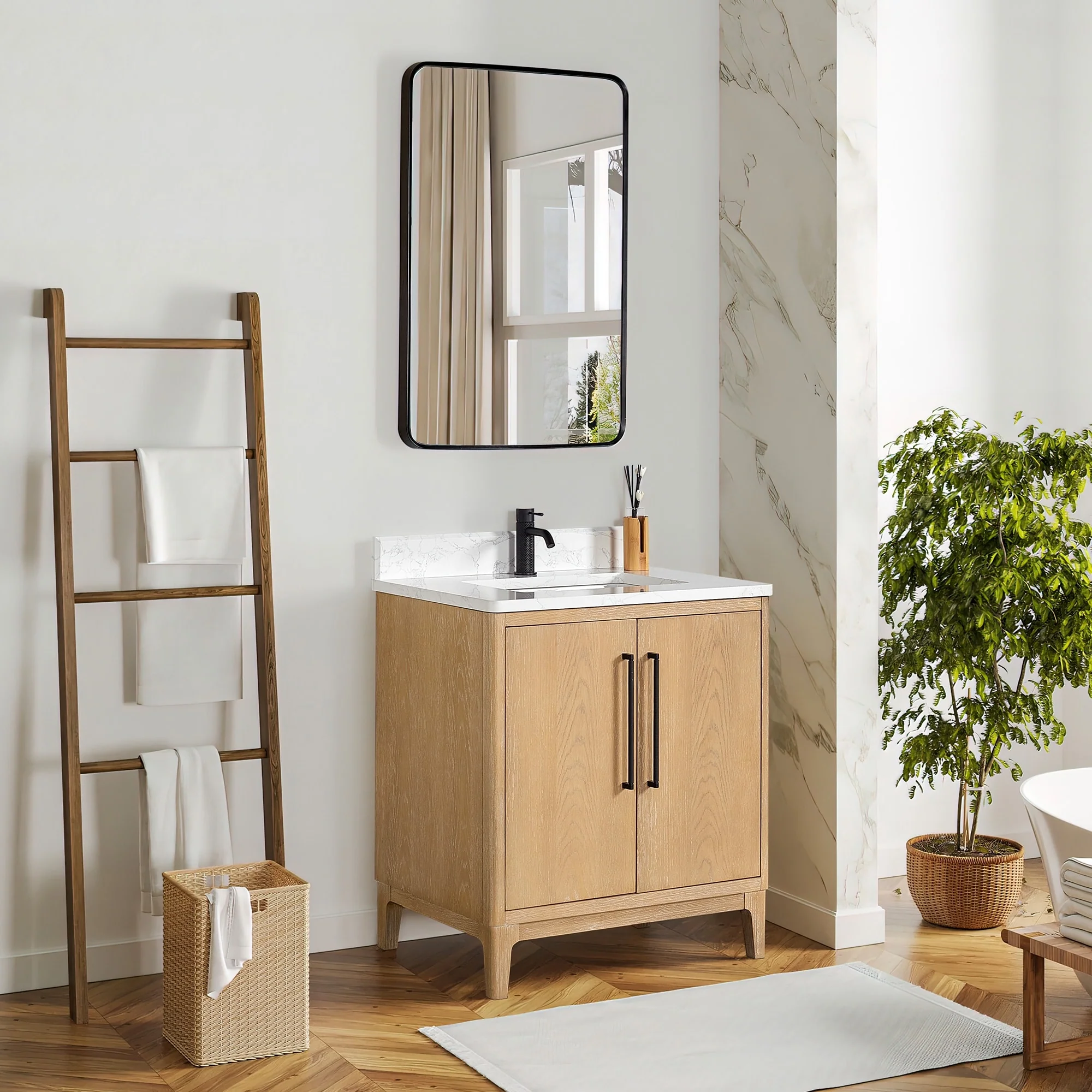 Gara Single Bath Vanity with Composite Stone Top and Mirror