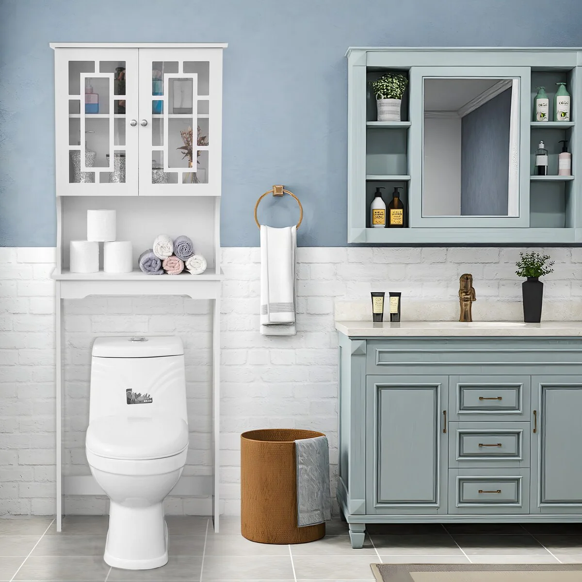 EROMMY Bathroom Organizer Over-The-Toilet Storage, Wooden Unit with 2 Glass Doors & Adjustable Shelf for Bathroom Use