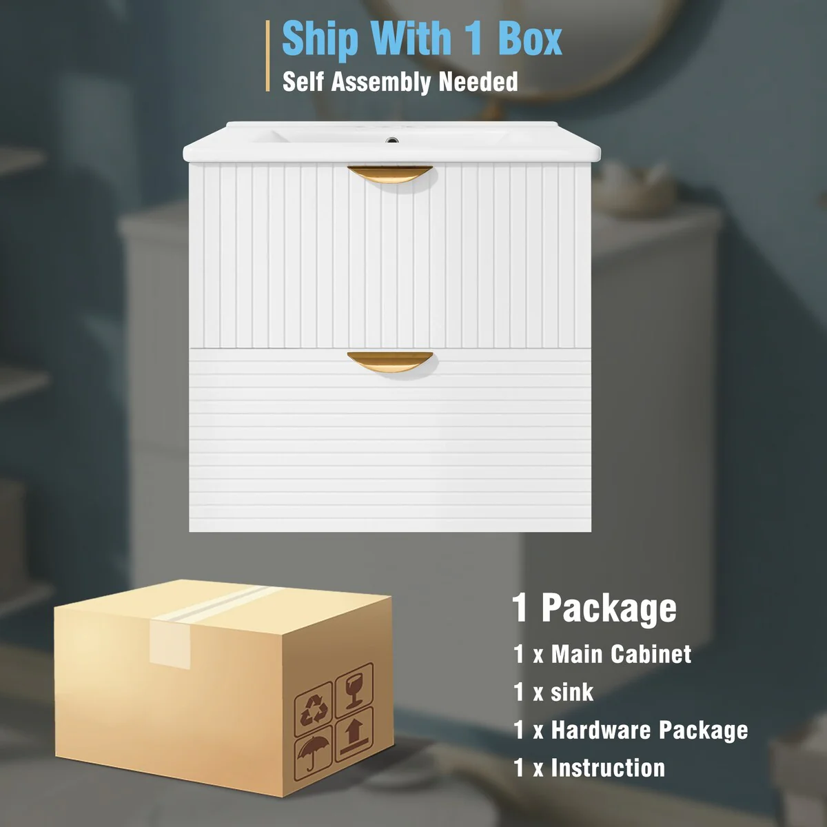 Modern 24 Inches MDF Wall-Mounted Bathroom vanity with Ceramic Sink and 2 Drawers