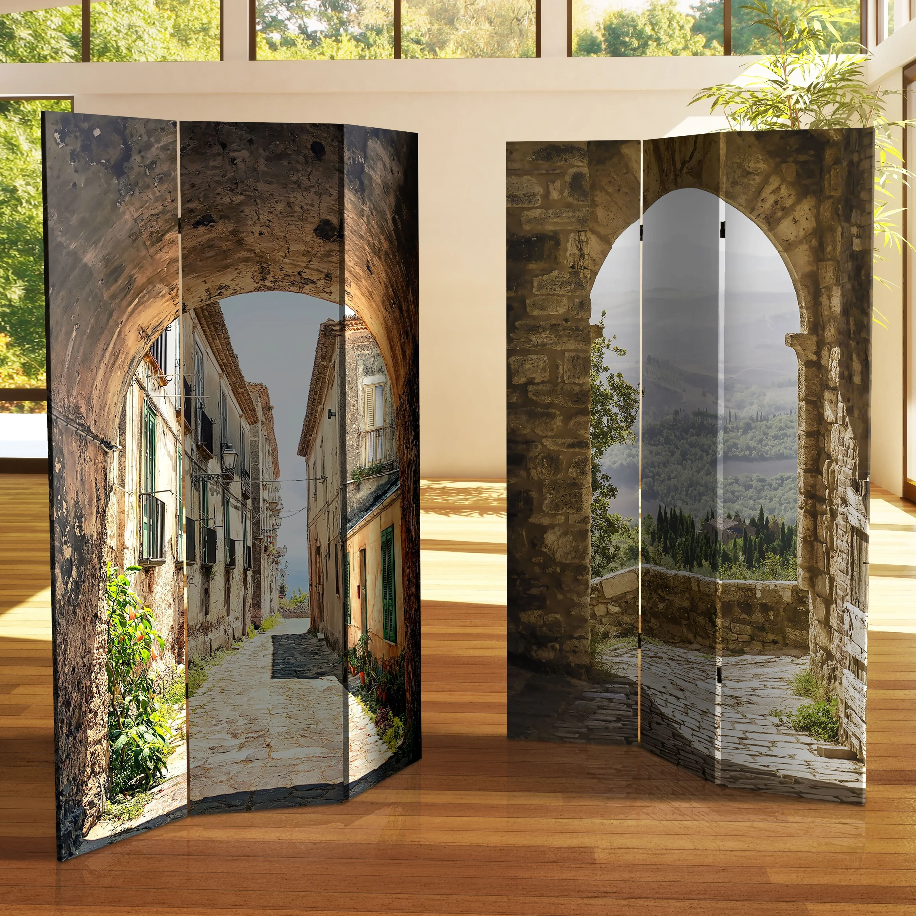 6 ft. Tall Double Sided European Village Canvas Room Divider