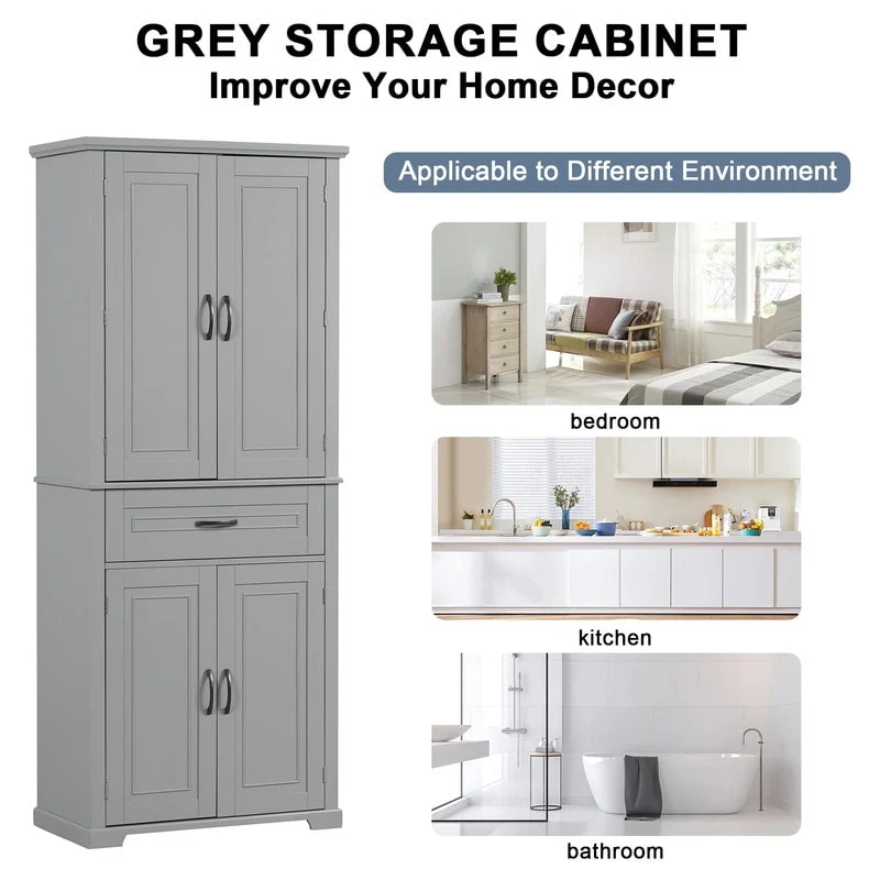 Bathroom Floor Cabinet, Freestanding Storage Cabinet with Doors and Drawer, Kitchen Cupboard with Adjustable Shelf