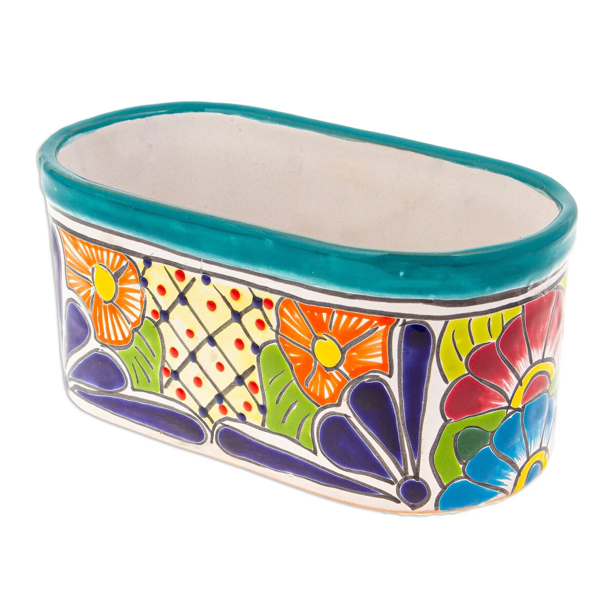 Novica Handmade Oblong Hacienda In Teal Ceramic Flower Pot