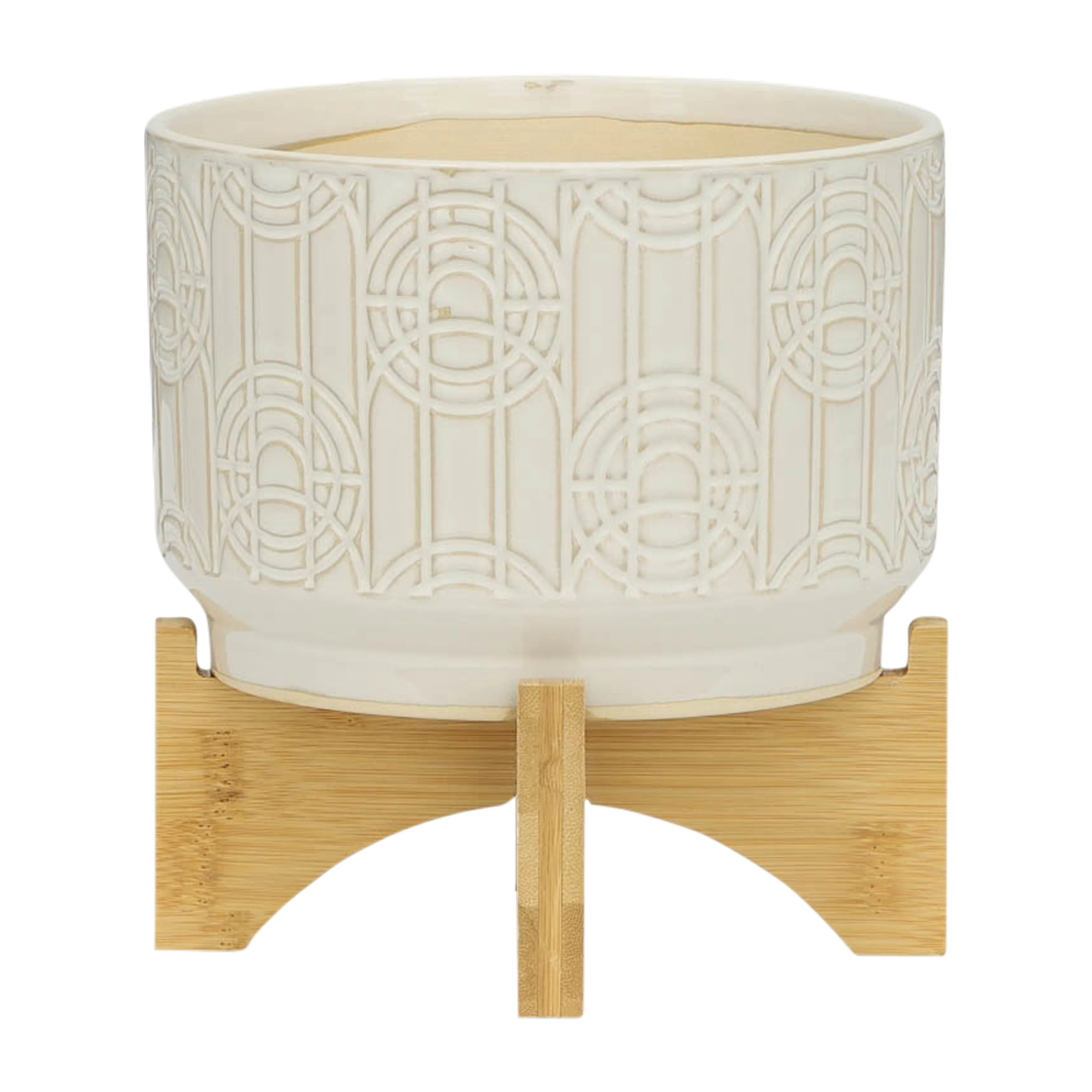 Off-white Etched Design Ceramic Planter with Natural Wood Stand