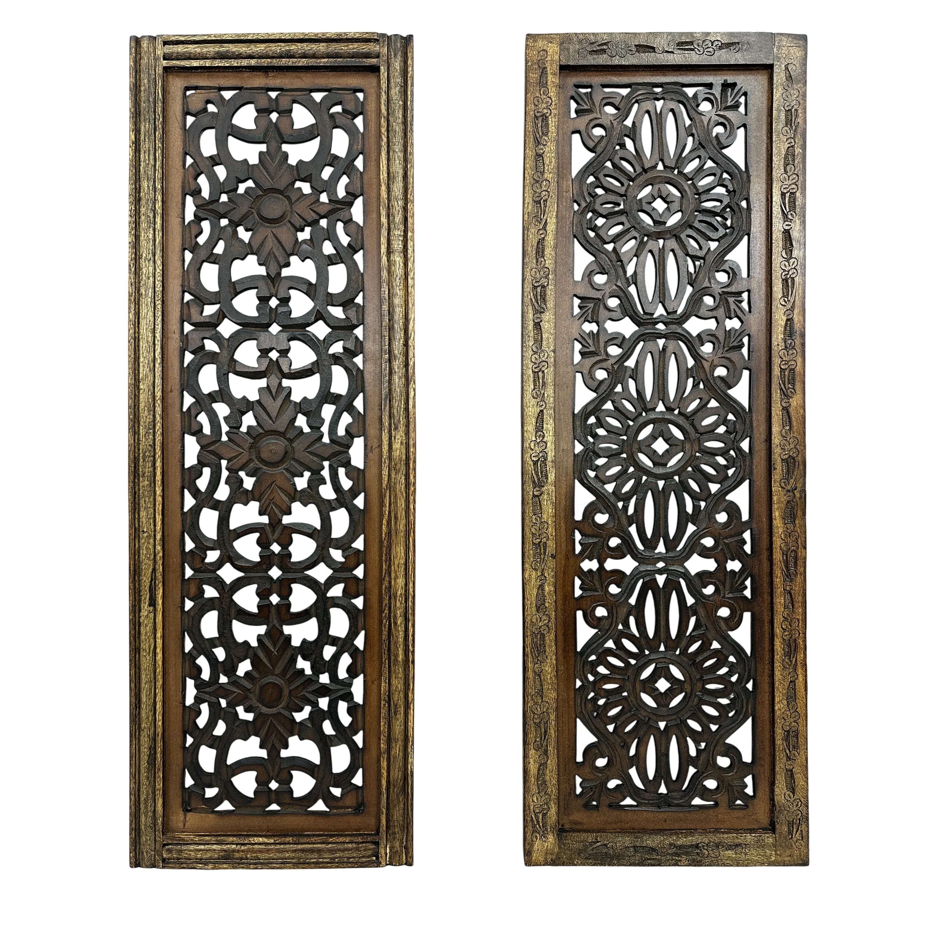 Benzara Floral Hand Carved Wooden Wall Panels, Assortment of Two, Brown