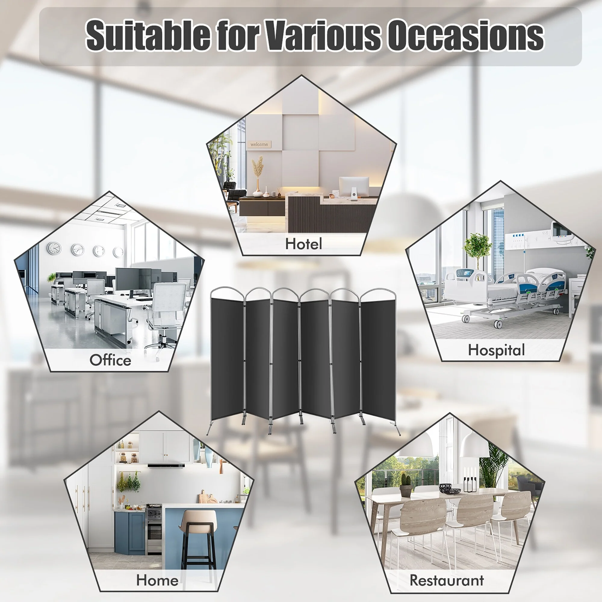 Costway 6 Panels Folding Privacy Screen 6 Ft Tall Fabric Privacy