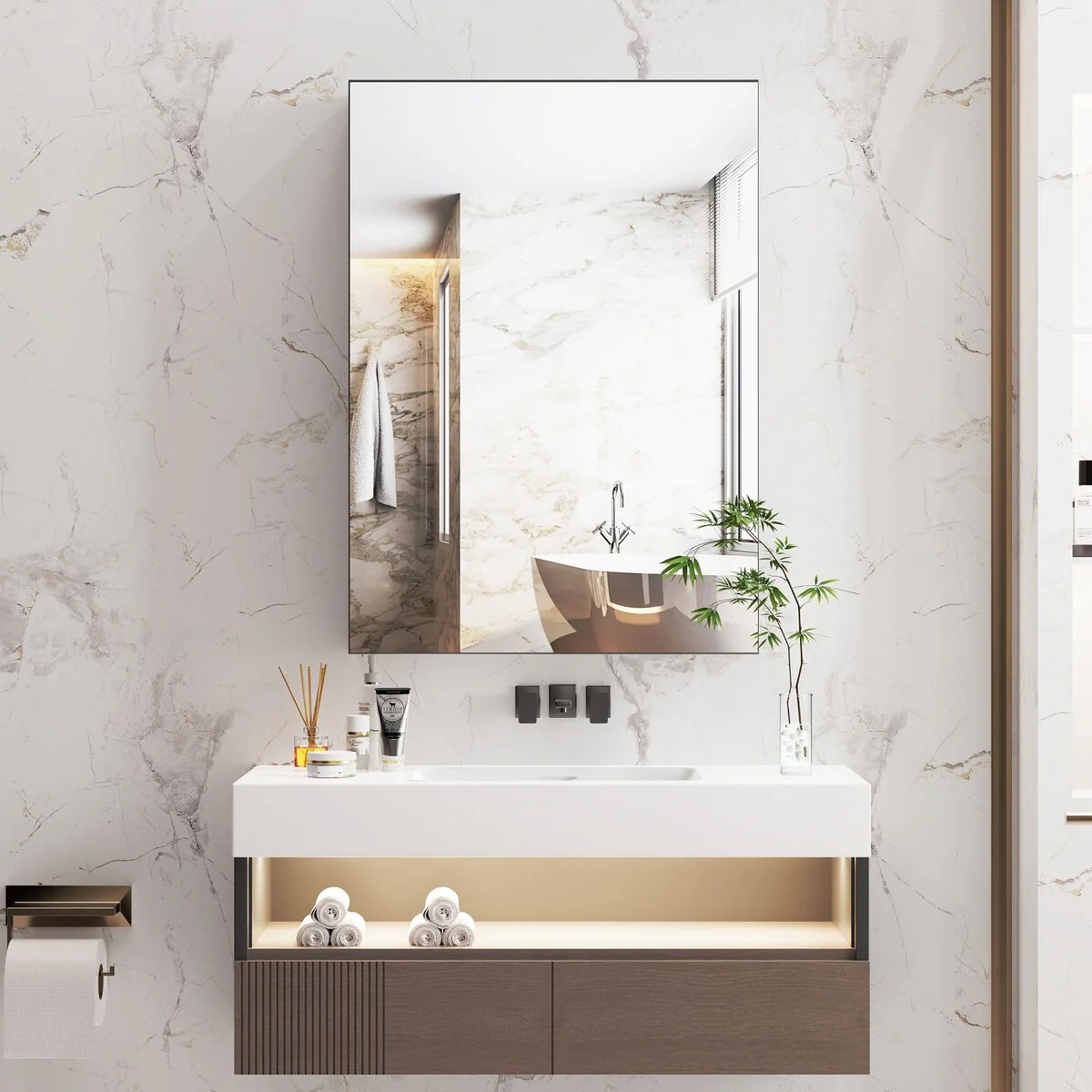 Double Side Frameless Mirrored Medicine Cabinet with 2 Adjustable Tempered Glass Shelves