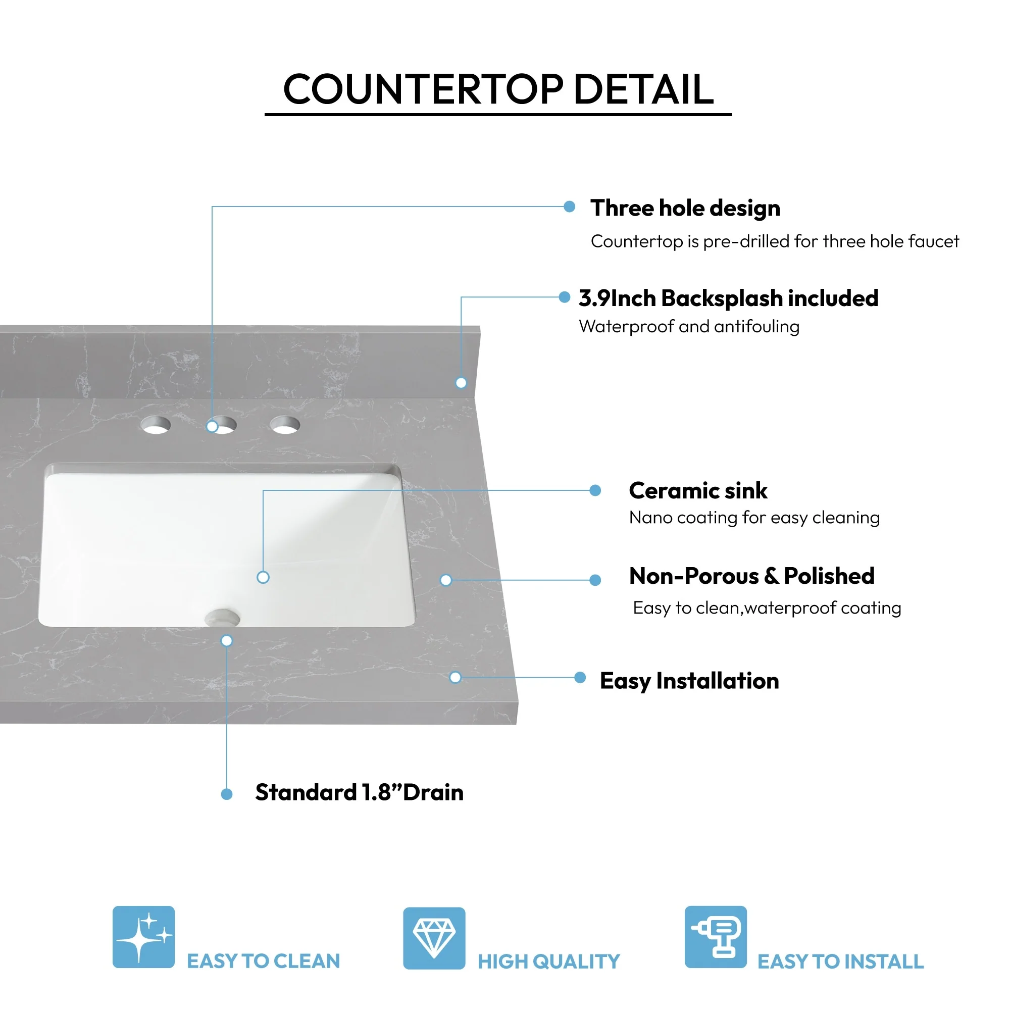Jaen Composite Stone Vanity Top with White Rectangular Sink