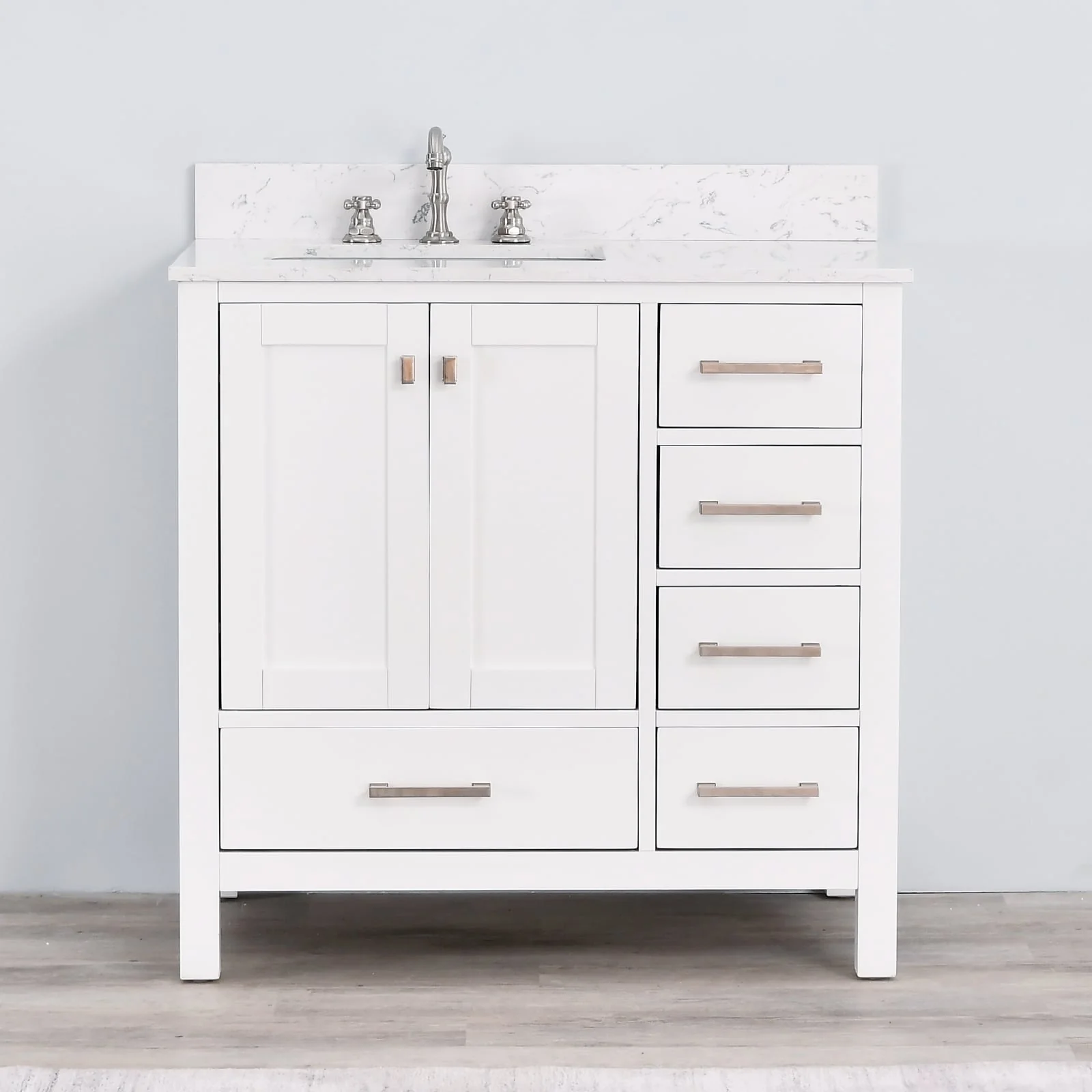 Prismatica 36 in. White Vanity with Countertop & Splash, Left Sink