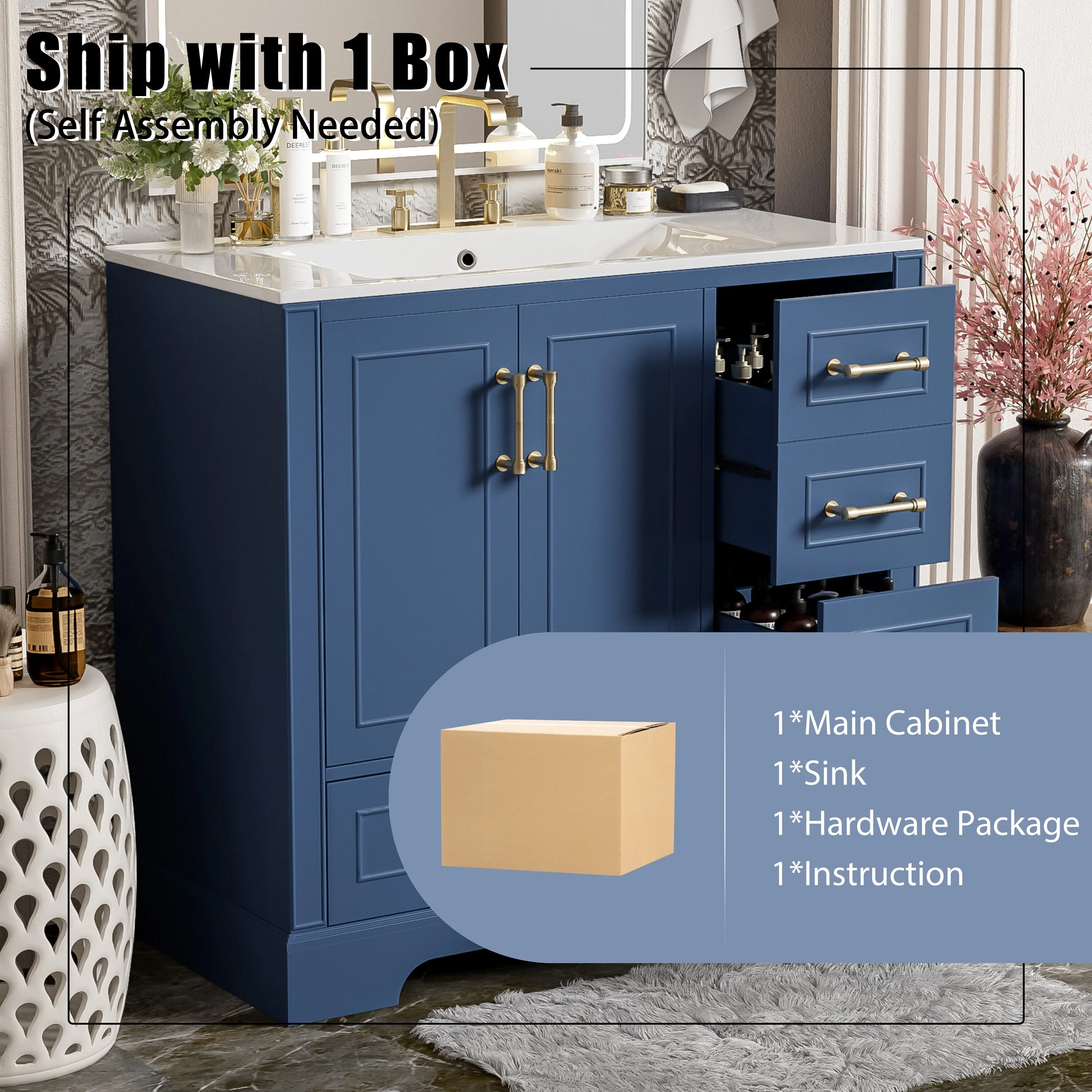 Bathroom Vanity with Resin Sink, Bathroom Vanity Set with 4 Drawers, Bathroom Storage Cabinet with 2 Soft Close Doors