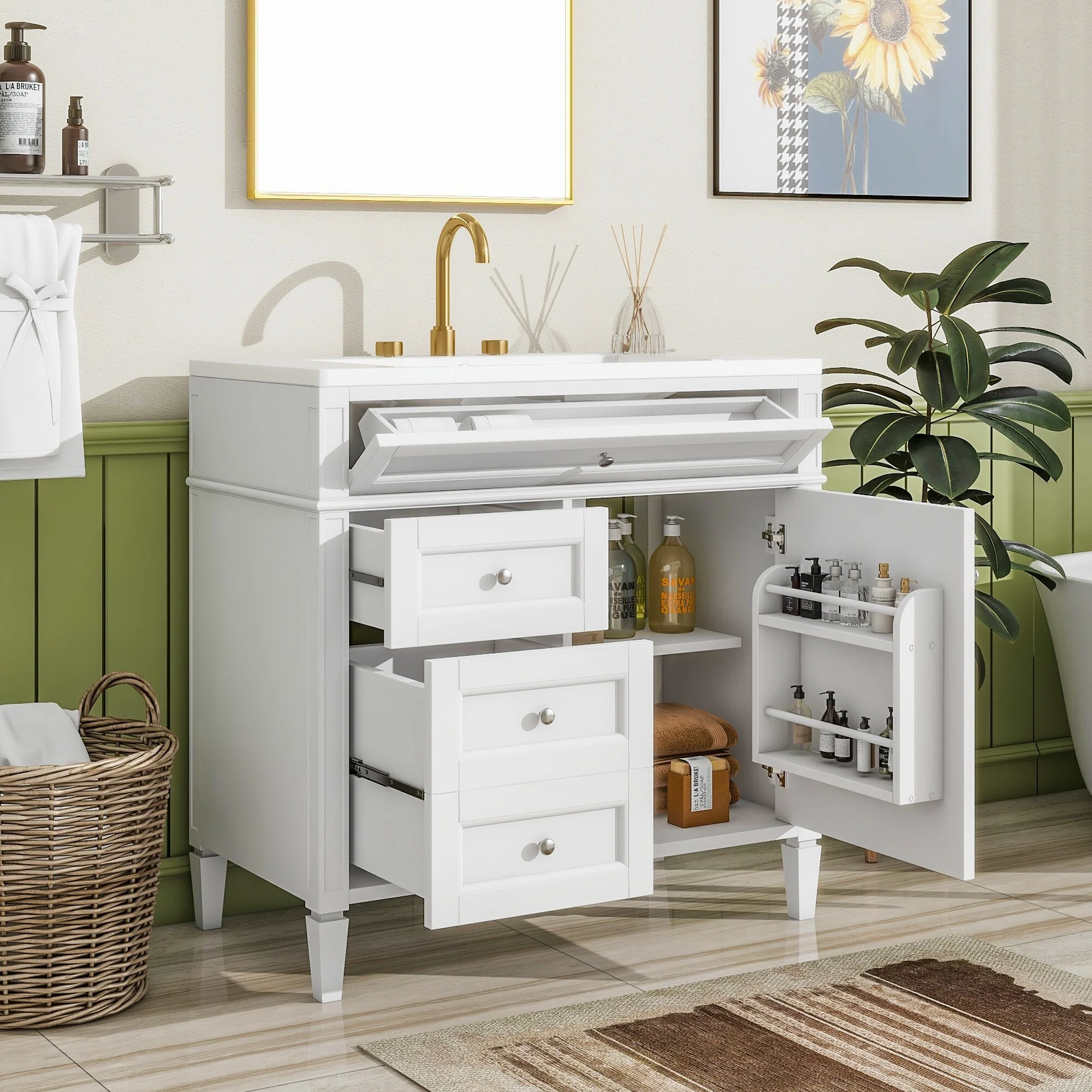 Bathroom Vanity with Single Sink, Bathroom Vanities with 2 Drawers, Bathroom Storage Cabinet with 1 Tip-Out Drawer and 1 Door