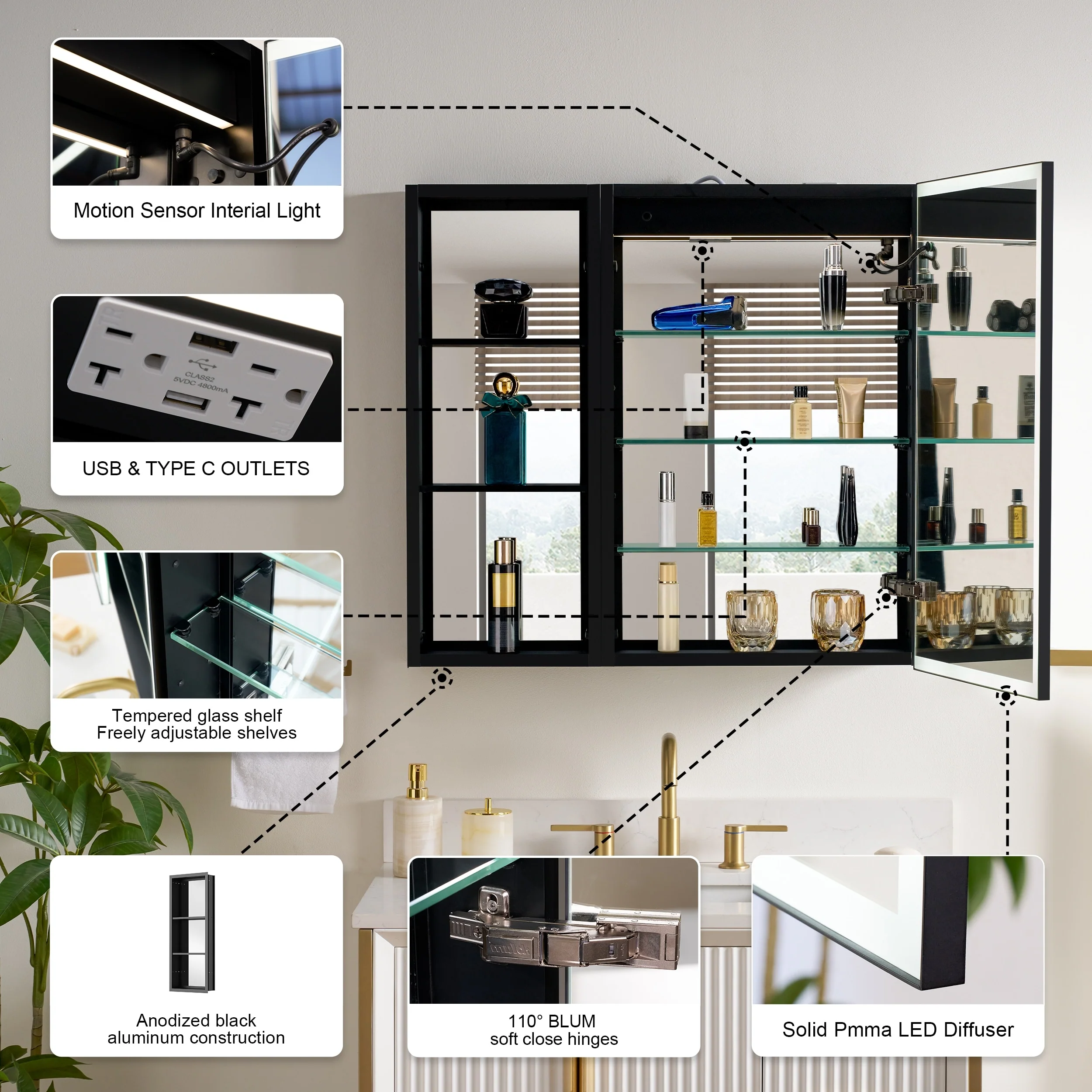 30 in. H Recessed or Surface Wall Mounted LED Mirror Cabinet With Black Side Cabinet