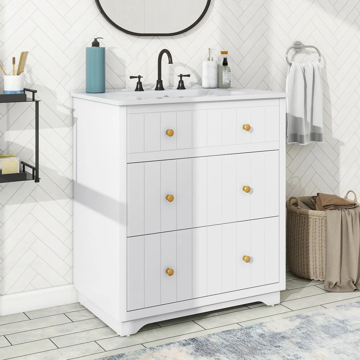 30-Inch Modern White Bathroom Vanity Cabinet with two drawers