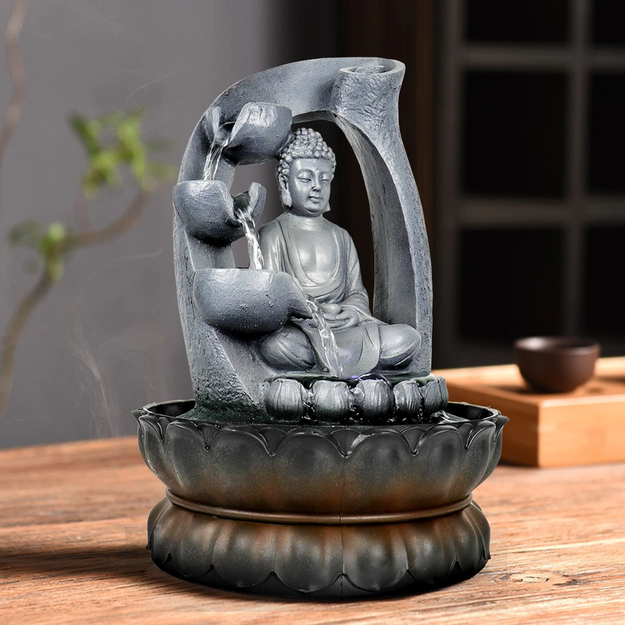 Tabletop Buddha Fountain with Light, Buddha Feature, 11-inch