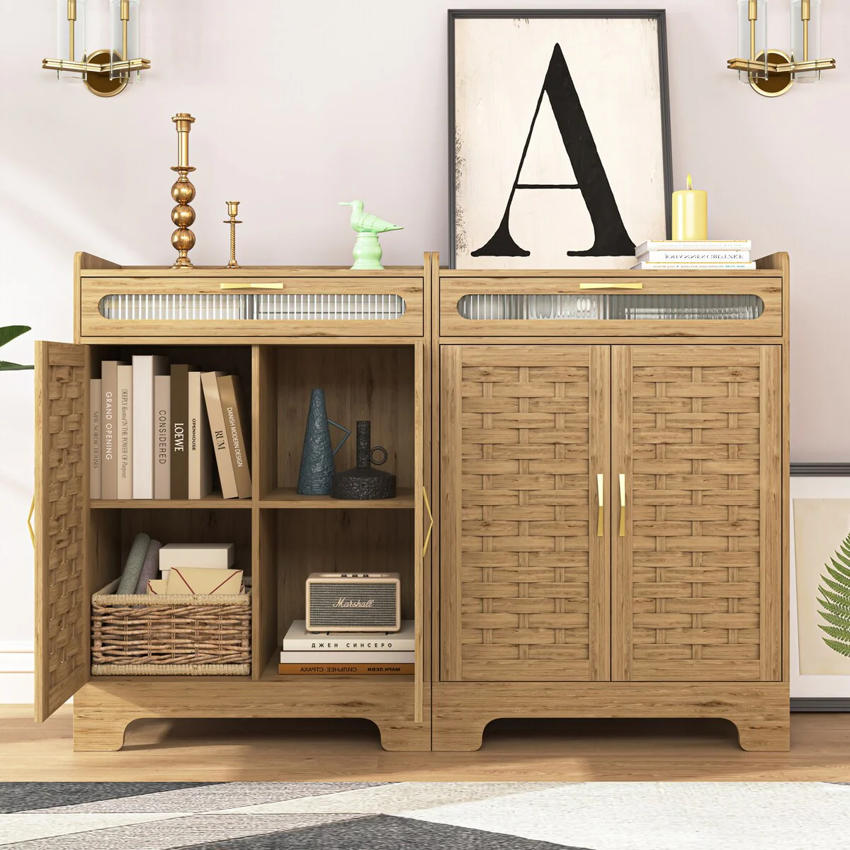 Modern Cabinet with Drawer and Adjustable Shelf, Barn Door Storage Cabinet for Kitchen, Dining Room, Bathroom, Entryway