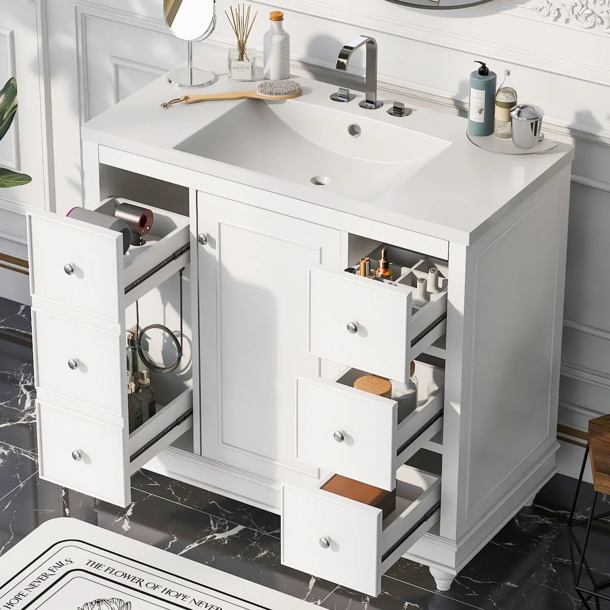36 in. W Freestanding Bath Vanity with White Resin Sink,4 Drawers and 1 Door