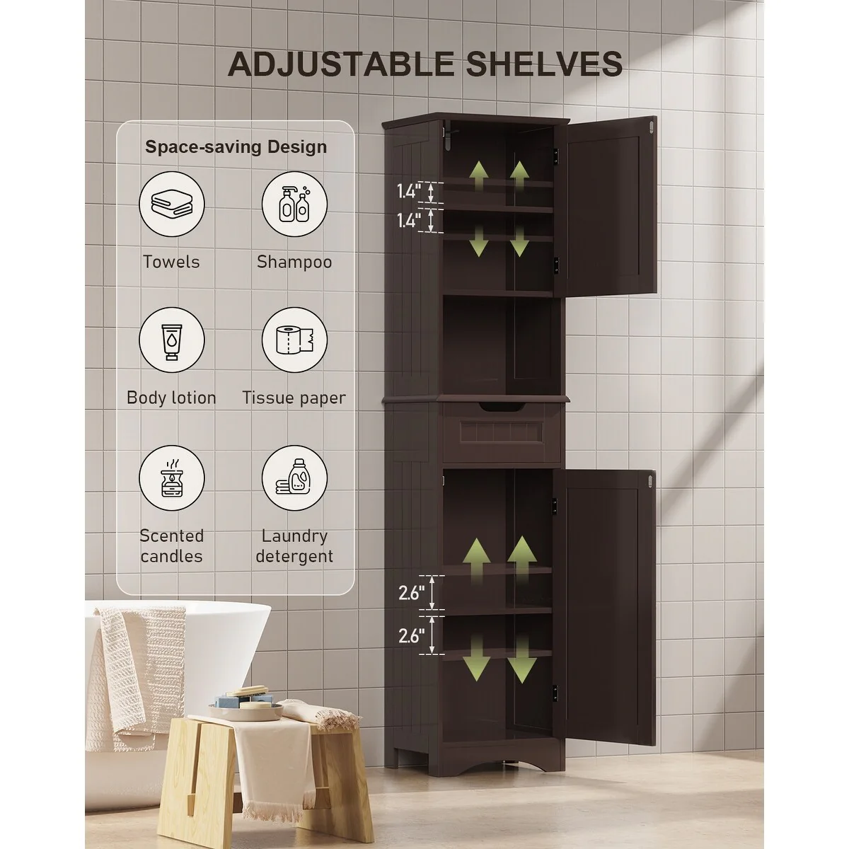 Freestanding Narrow Tall Bathroom Storage Cabinet with Adjustable Shelves, Door and Open Shelves