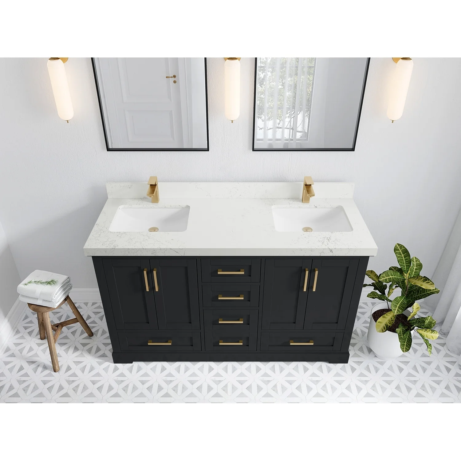 Willow Collection 60 in W x 22 in D x 36 in H Boston Double Bowl Sink Bathroom Vanity with Countertop