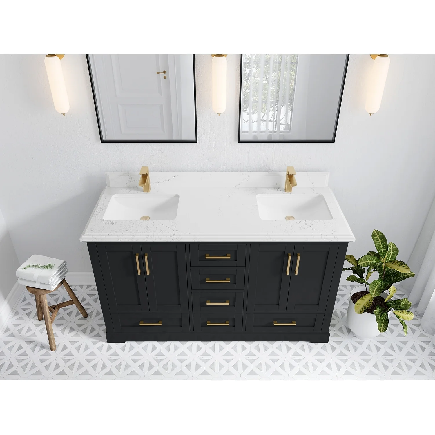 Willow Collection 60 in W x 22 in D x 36 in H Boston Double Bowl Sink Bathroom Vanity with Countertop