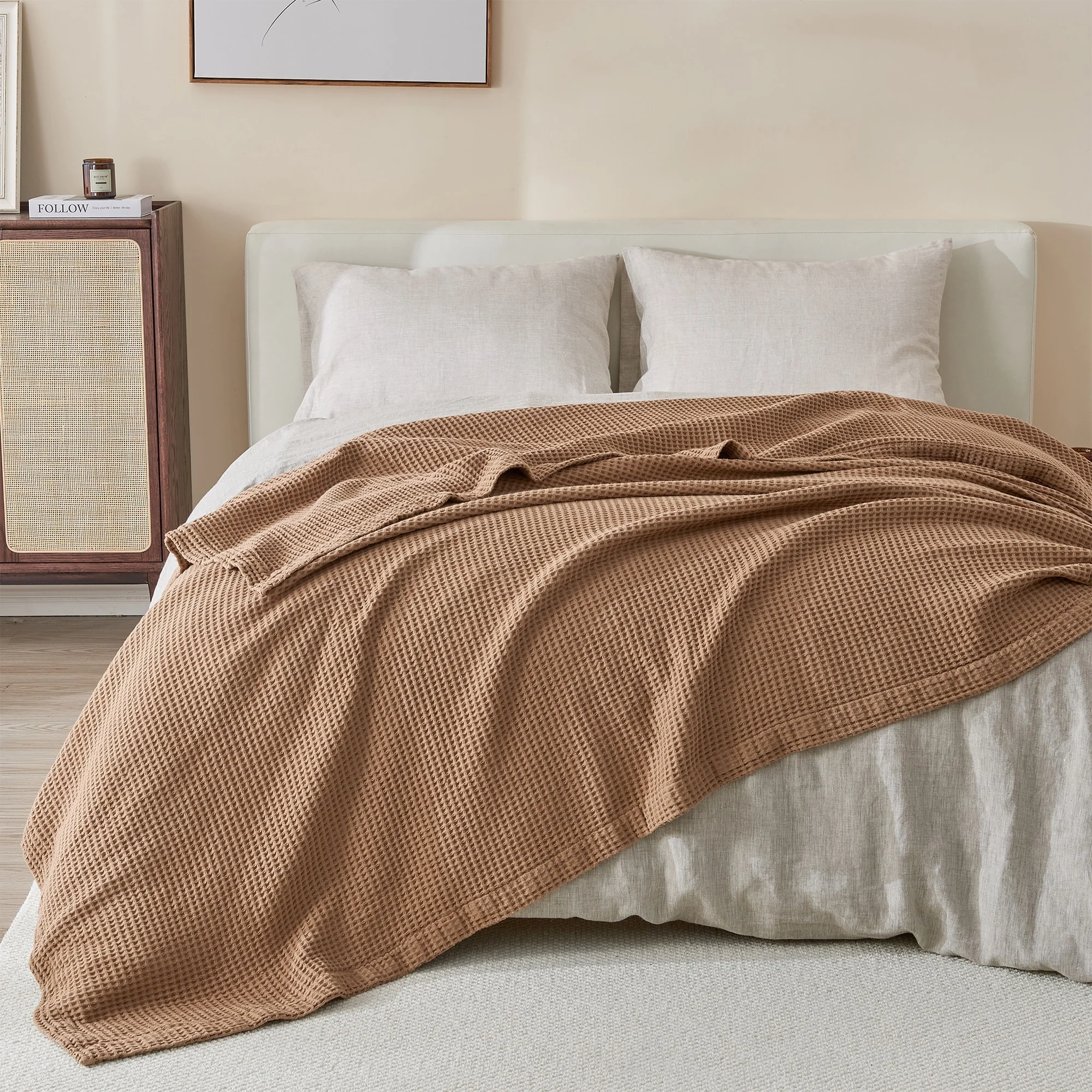 Linery & Co. 100% Cotton All-Season Lightweight Waffle Weave Knit Throw Blanket