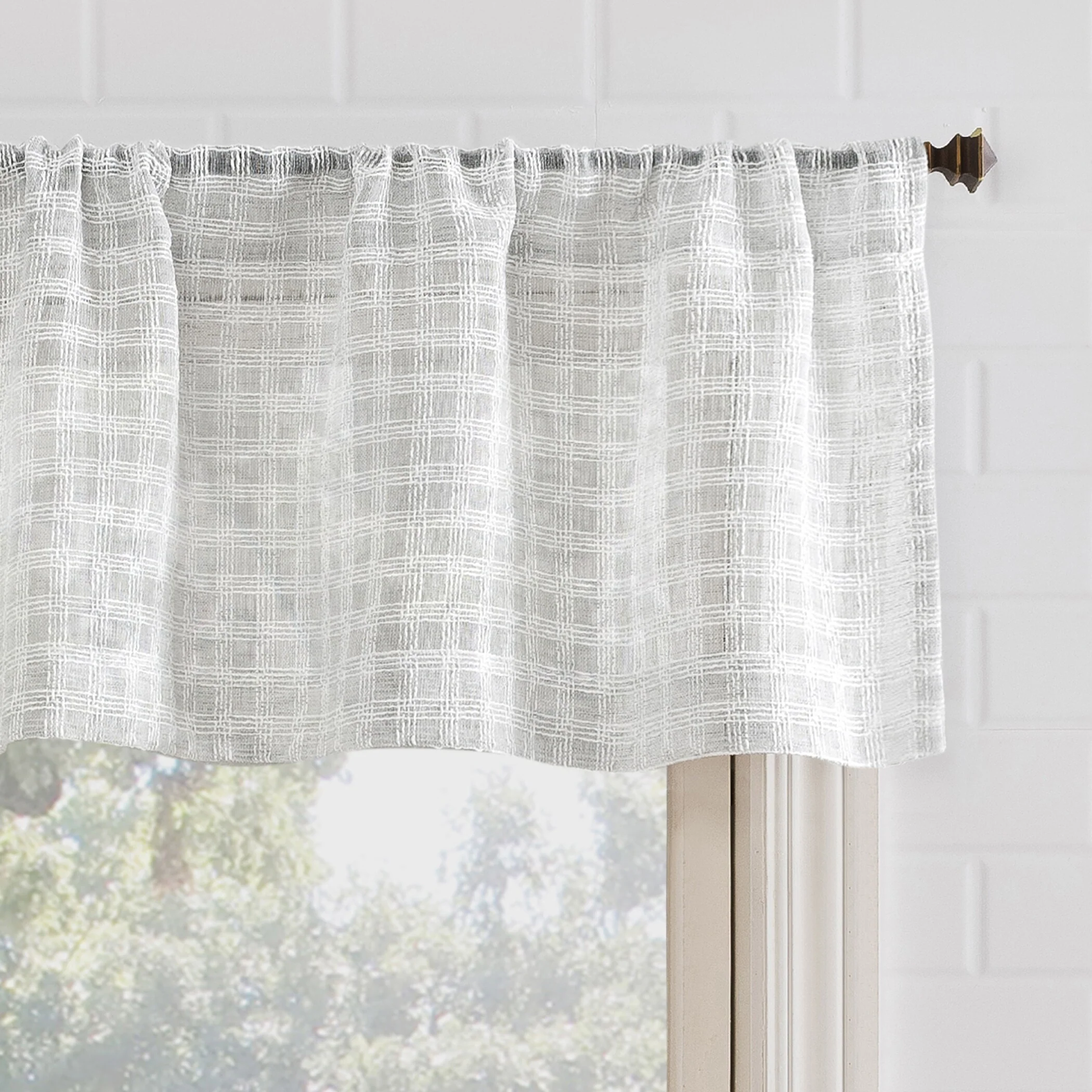 No. 918 Tayen Slub Windowpane Semi-Sheer Rod Pocket 1-Piece Kitchen Curtain Valance - 54
