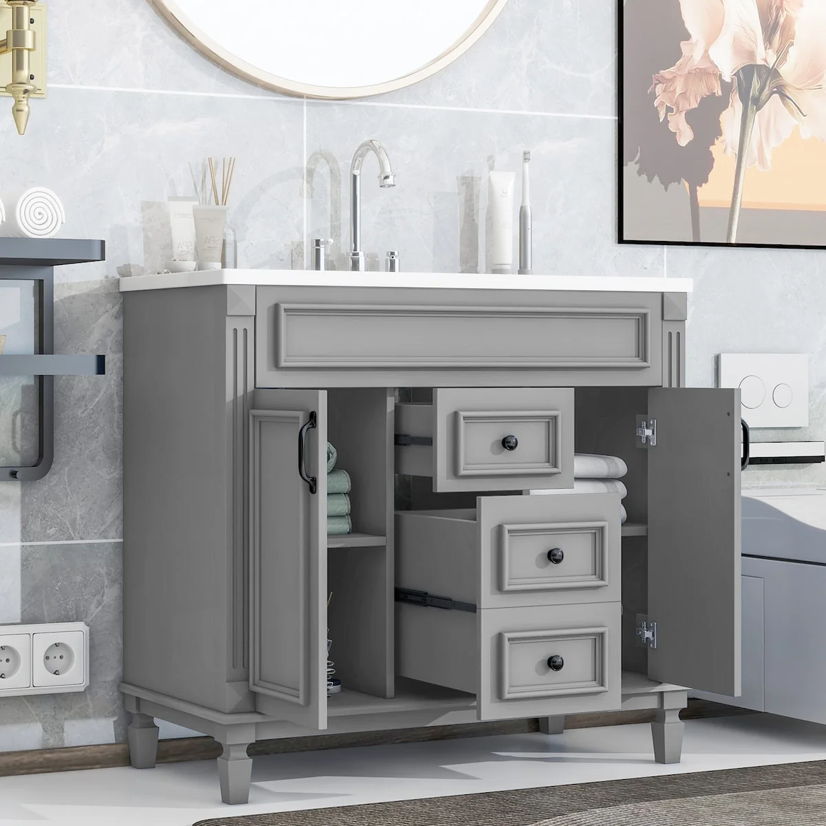 Modern Bathroom Storage Vanity with Top Sink, 2 Soft Closing Doors & 2 Drawers