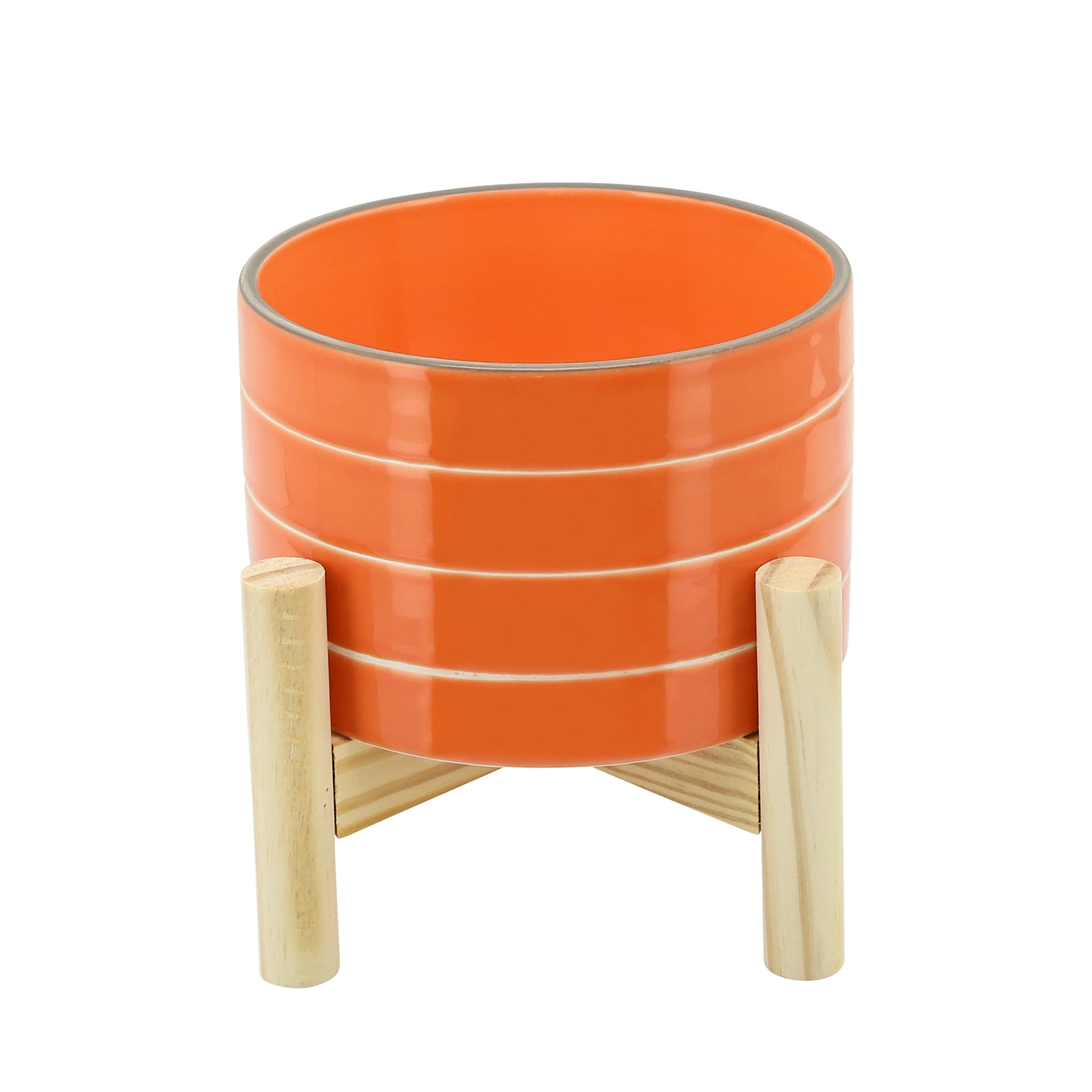 Sagebrook Home Modern Bright Orange Stripe Planter Pot with Natural Wood Stand