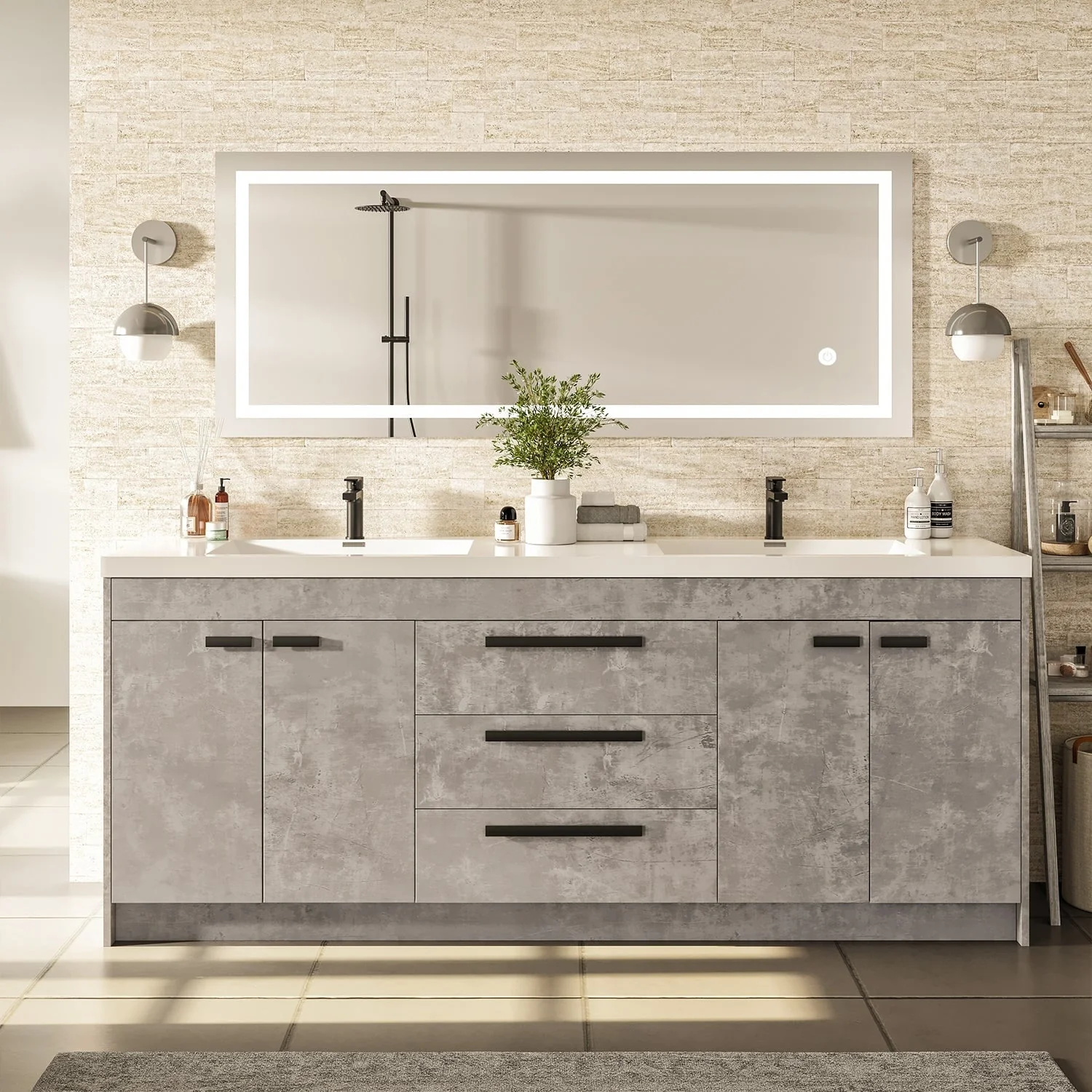 Eviva Lugano 84 inch Cement Gray Modern Double Sink Bathroom Vanity with White Integrated Acrylic Top