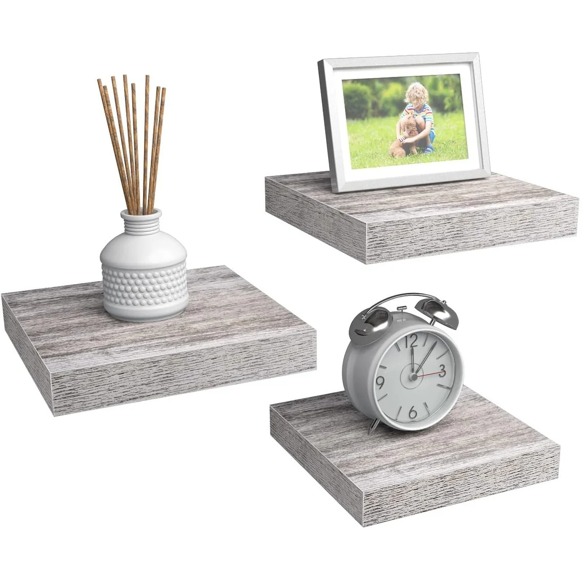 3 Pack Square Mounted Floating Shelves - Rustic Wood Display Ledge Storage Shelf