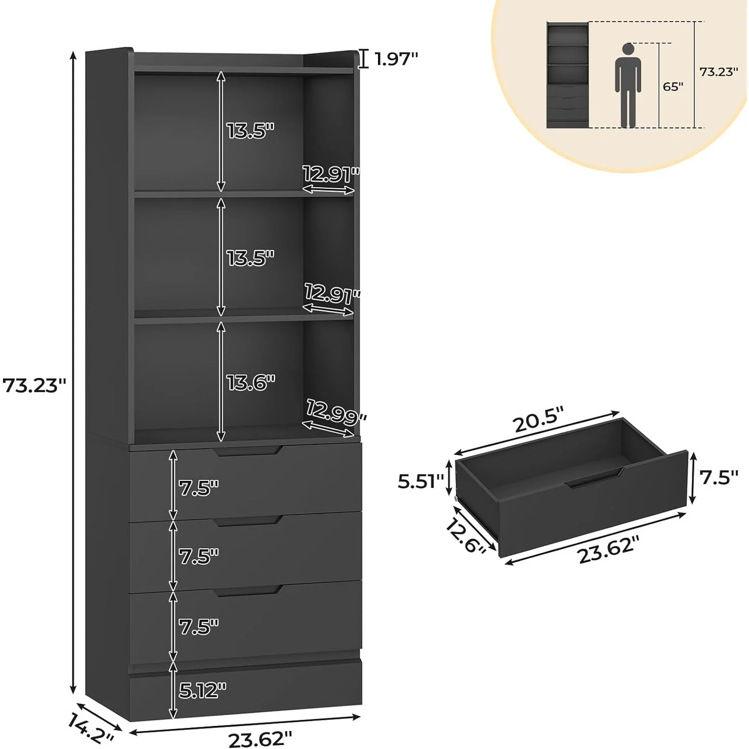 Kitchen Storage Cabinet Bookcase 3 Drawers Open Shelves - N/A