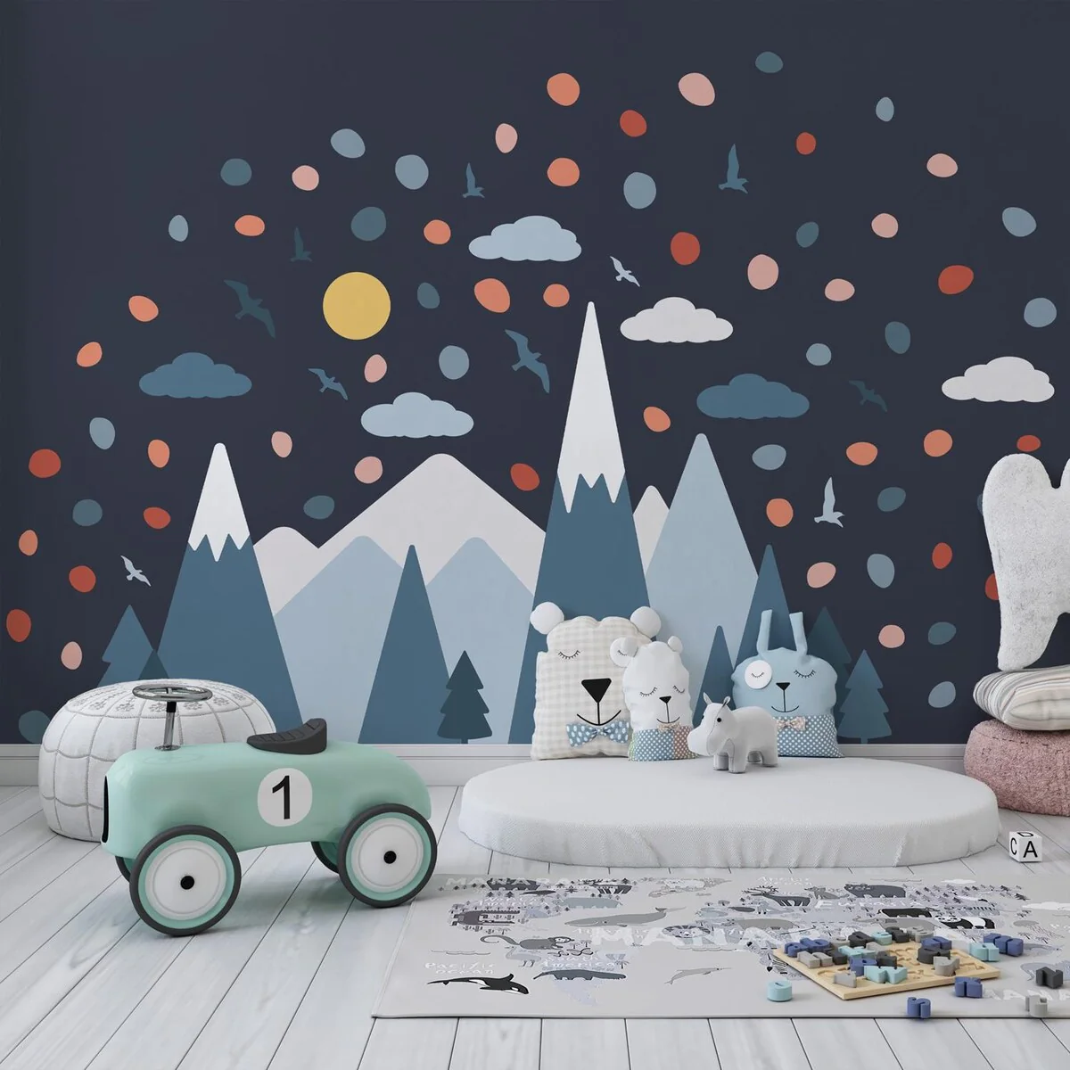 Blue Mountains and Dalmatian Dots Nursery Kids Room Wall Stickers Decorations Decals DIY