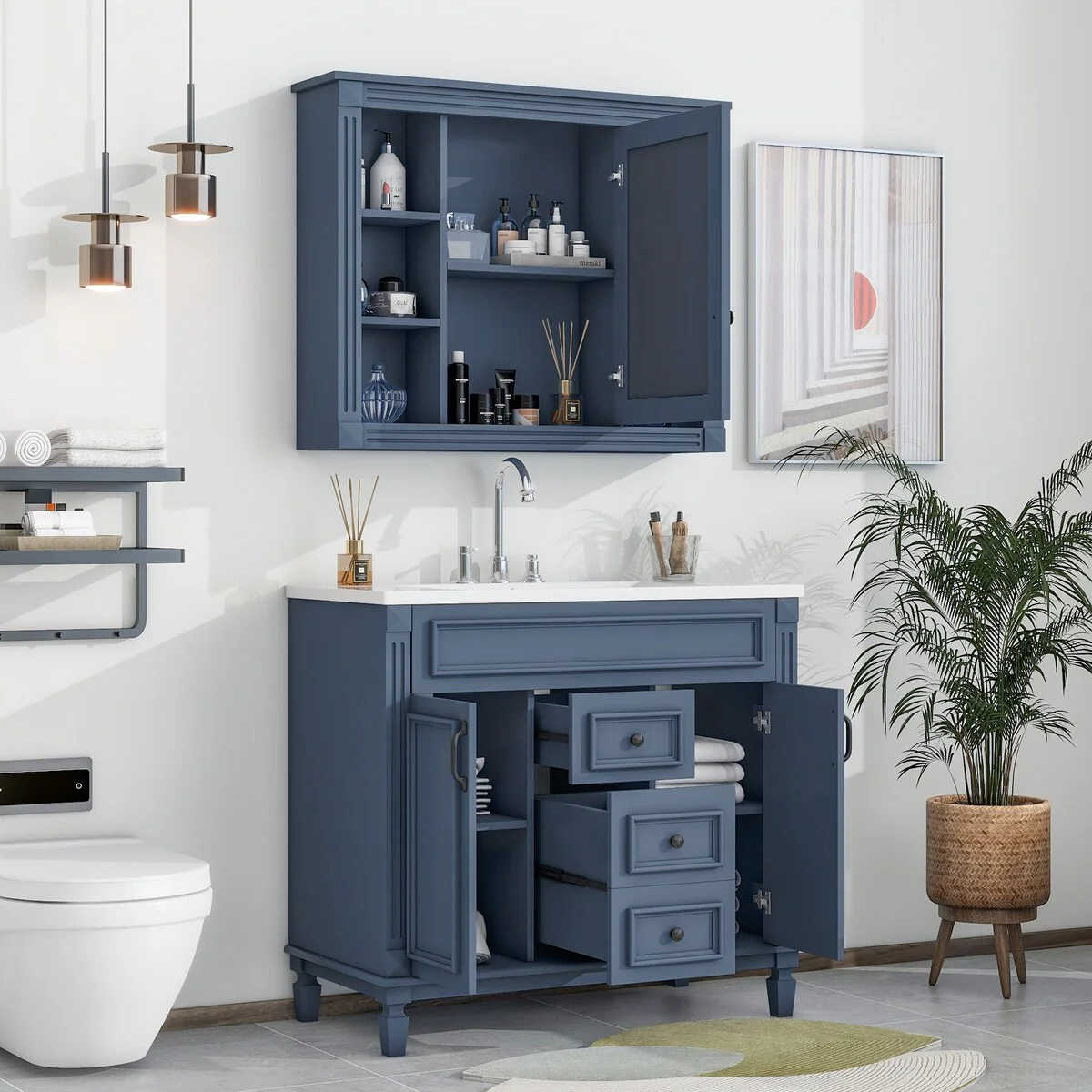 36 in. W x 18 in. D x 34 in. H Freestanding Bath Vanity with White Resin Top and Mirror Cabinet