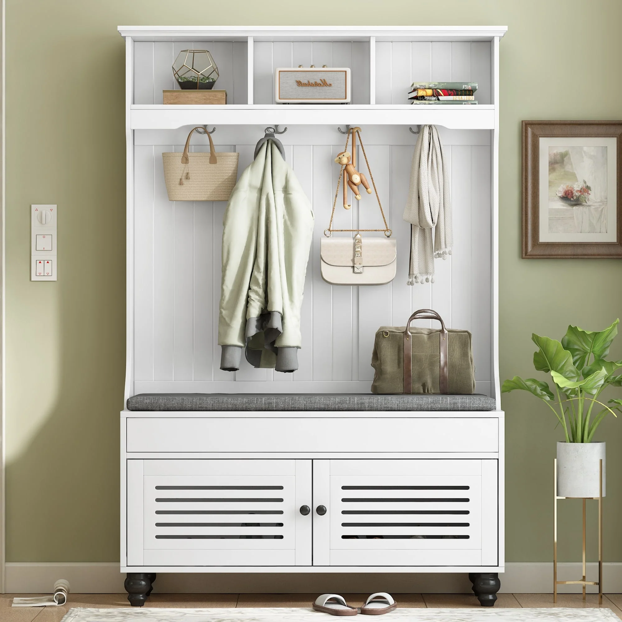 Entryway Bench Hall Tree with Shutter-Shaped Doors