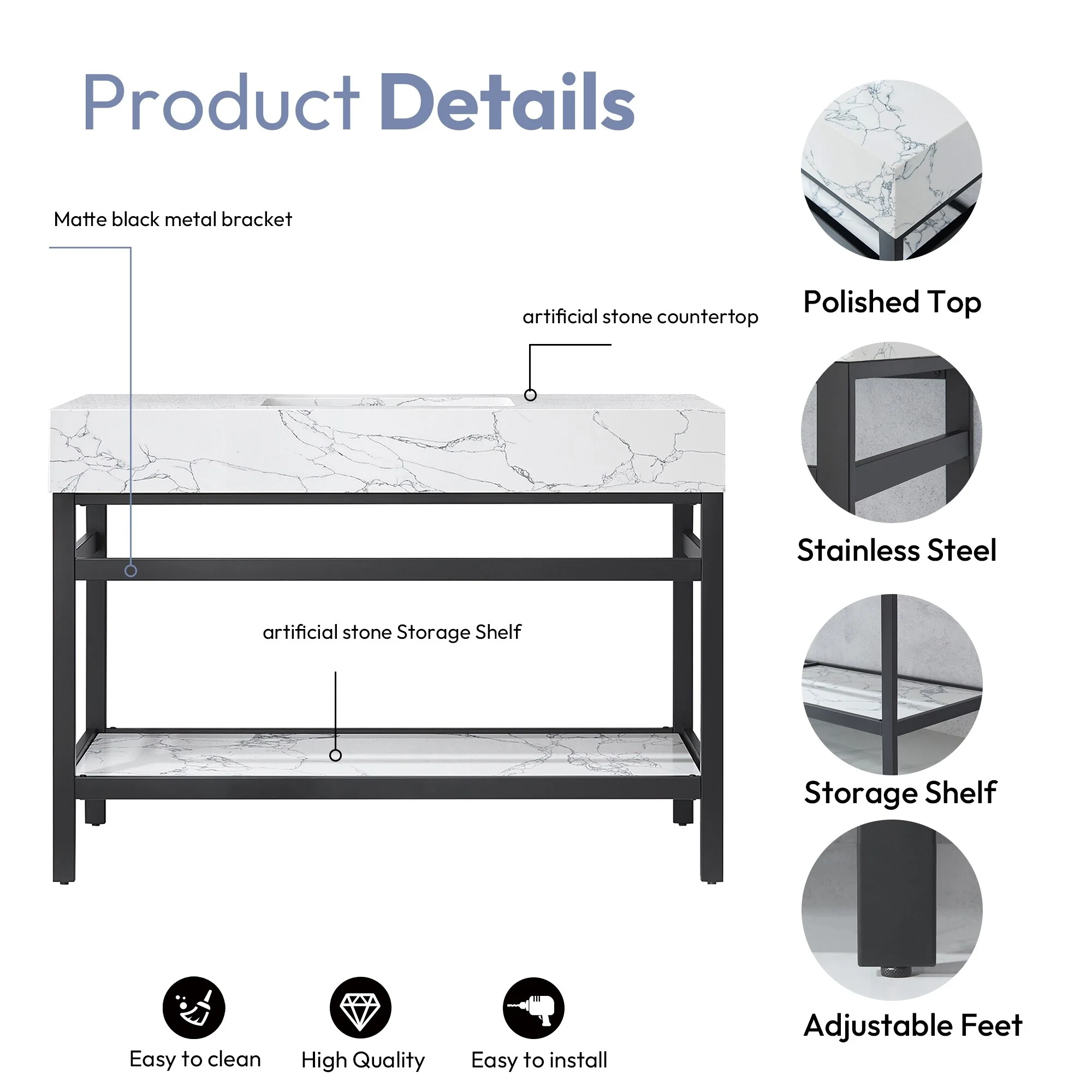 Ecija Bath Vanity, Metal Support with Composite Stone Top, no Mirror