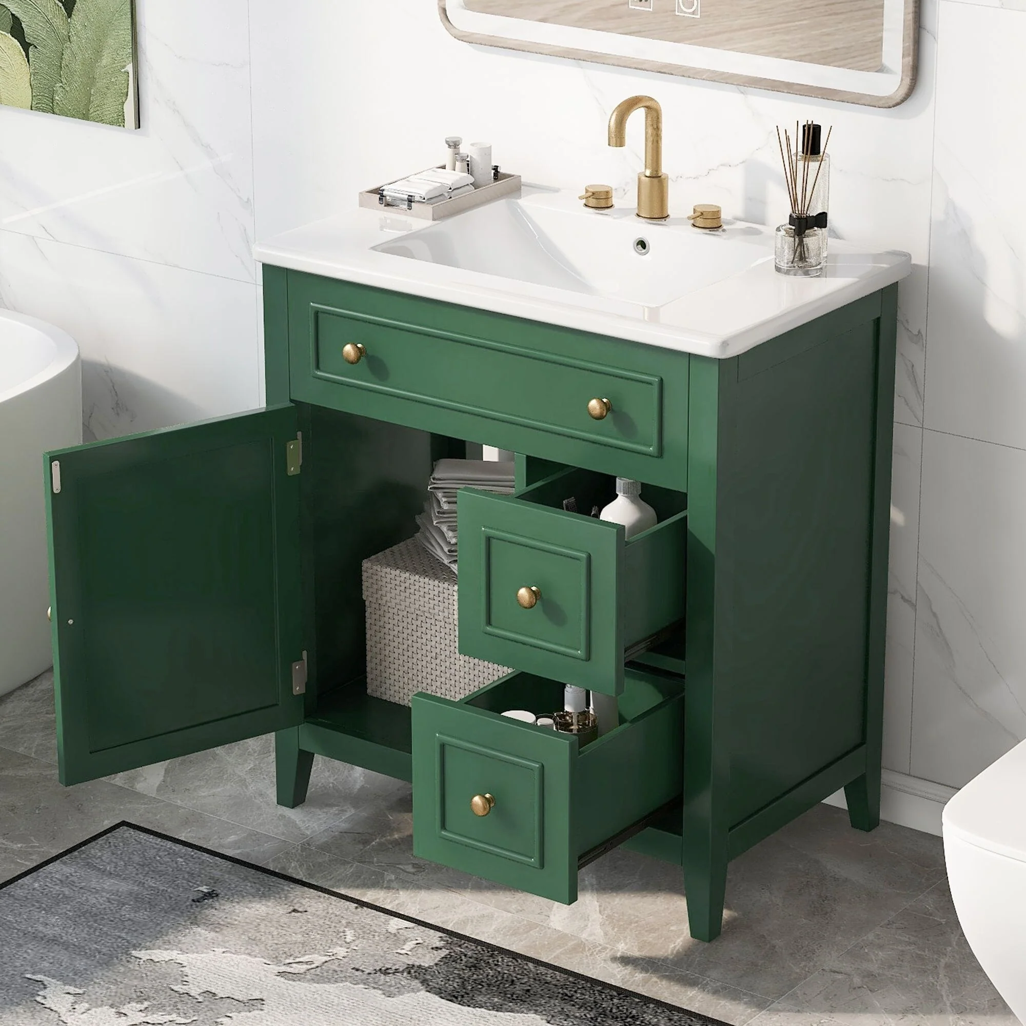 30'' Solid Wood Bathroom Vanity with Cabinet, 2 Drawers, and Ceramic Sink